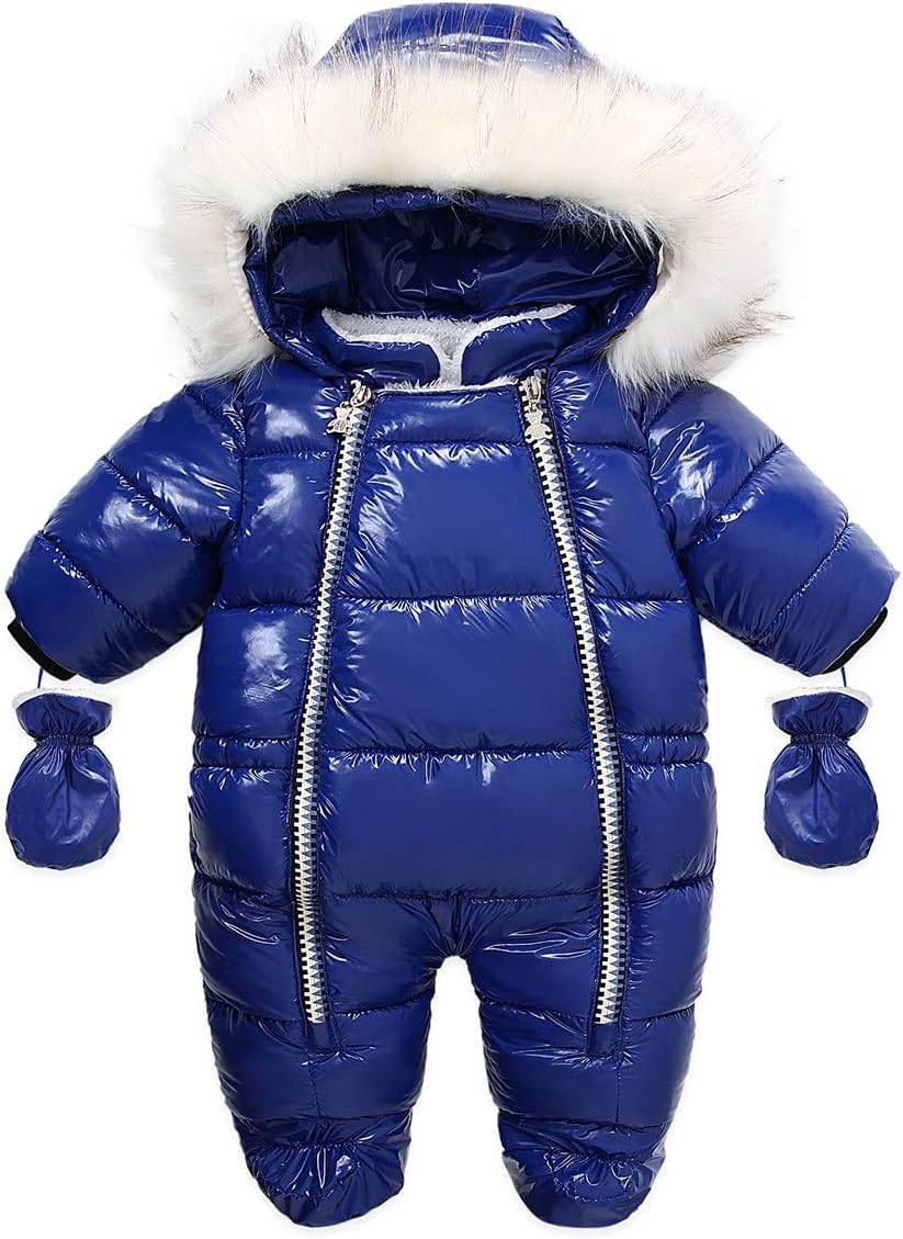 Baby Girls Boys One Piece Hooded Two Zipper Fur Trim Winter Warm Down Jacket Jumpsuit Romper Snowsuit With Gloves