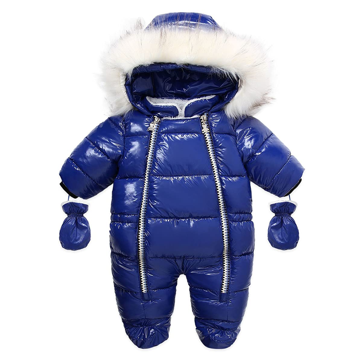 JELEUON Baby Girls Boys One Piece Hooded Two Zipper Fur Trim Winter Warm Down Jacket Jumpsuit Romper Snowsuit With Gloves