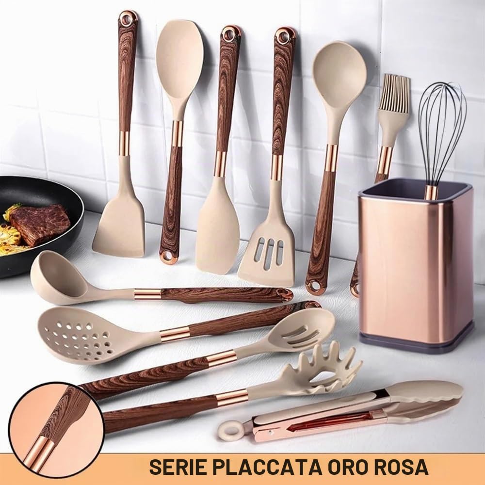 Set di utensili da cucina in silicone Set di utensili antiaderenti for spatola da cucina resistente al calore con manico e supporto placcati in oro rosa Utensili Cucina(Beige-012-1)