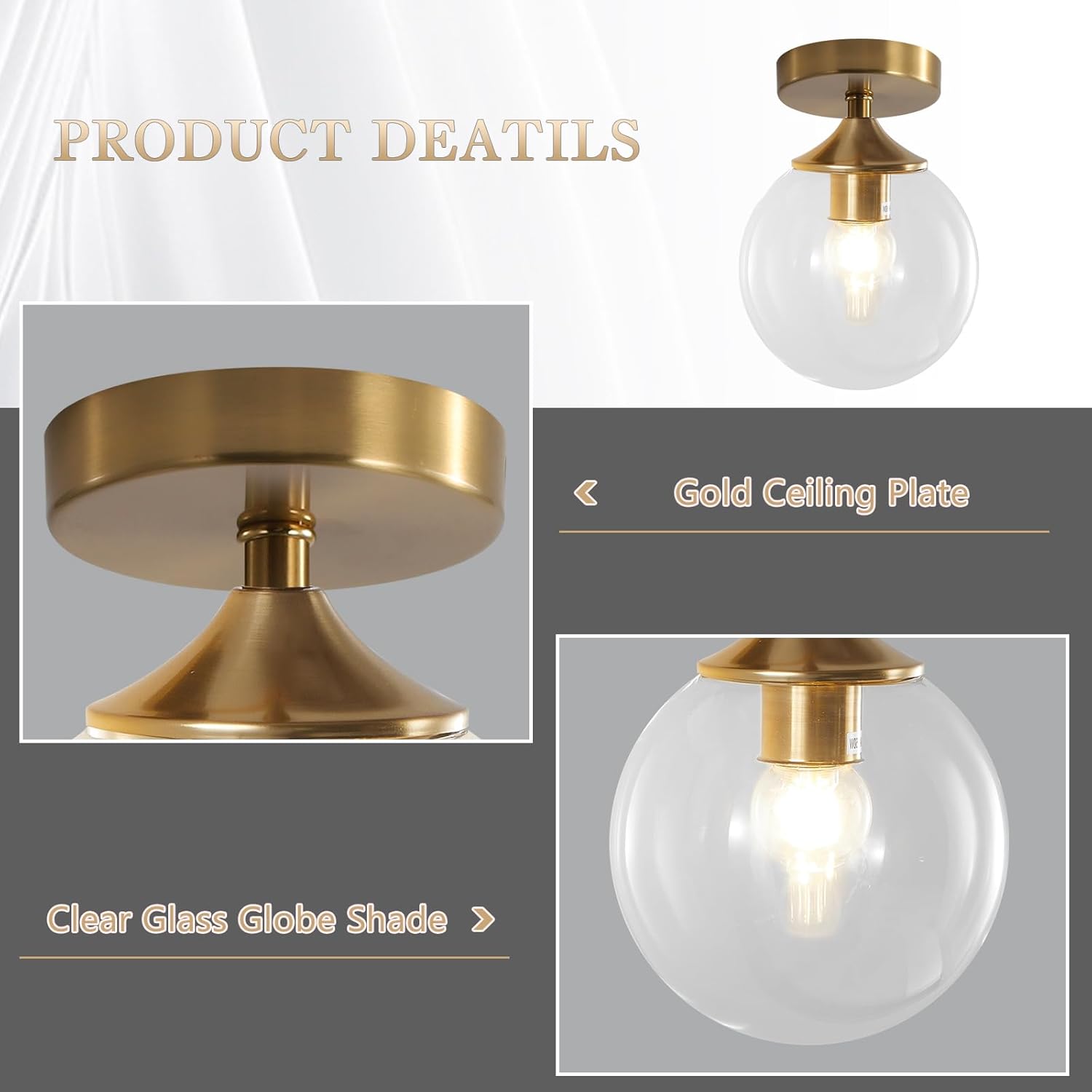 KCO Lighting Brushed Gold Flush Mount Ceiling Light Bubble Glass Globe Ceiling Lamp Mid Century Modern Small Hallway Light Fixtures