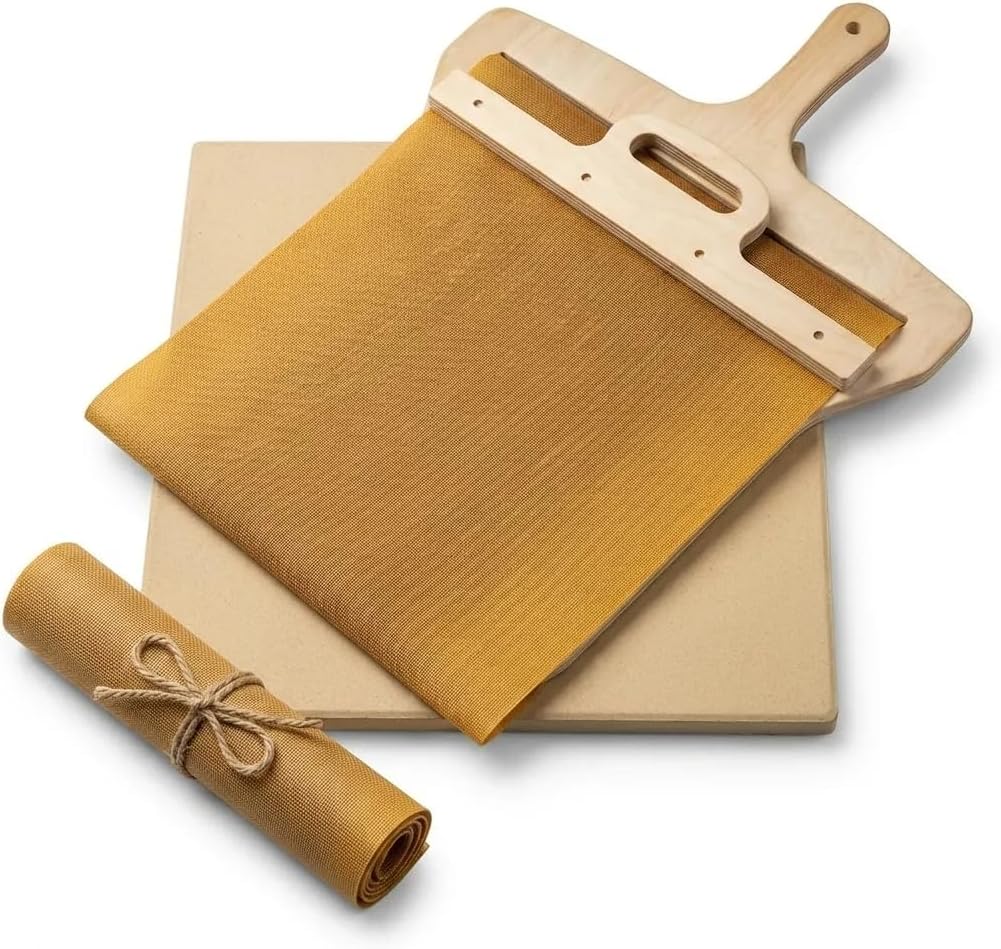 Pizza Stone for Grill & Baking Stone for Oven – 23.8 x 26 cm Cordierite Rectangular Cooking Stone with Free Sliding Pizza Peel, Oven Stone Set, Essential Pizza Accessories for Crispy Crust