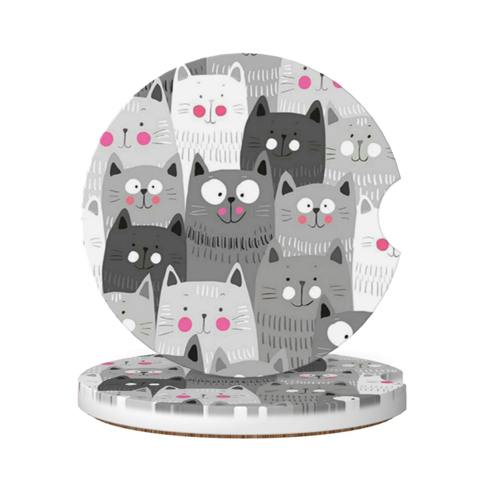 GACCAP Car Coasters for Cup Holders, 2 Pack Absorbent Ceramics Anti Slip Universal 2.56 Inch Car Cup Coaster for Women Men, Car Interior Accessories - Cute Cartoon Black Cats