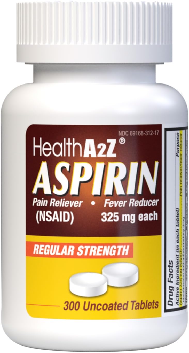 HealthA2Z® Aspirin 325mg, Uncoated Tablets, Original Strength, Dye Free, Pain Reliever, Fever Reducer, 300 Tablets