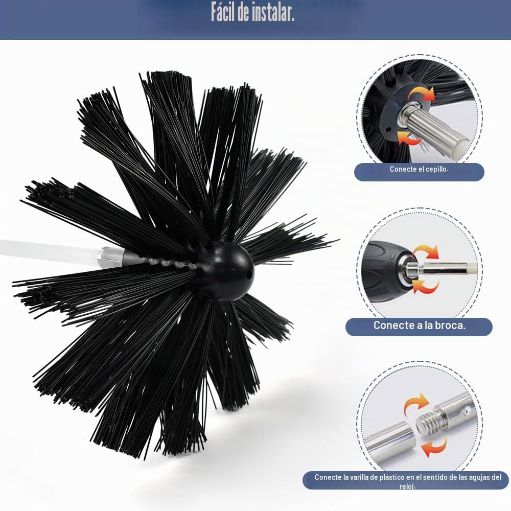 Kit de Deshollinamiento Limpieza de Chimenea,con 9 Varillas de 410mm, 2 Cepillos de 150mm, 1 Cepillo con Mango de Madera,1 Cepillo Largo, 1 Cinta Adhesiva, 2 Cabeza Hexagonal y 1 Bolsa de Tela
