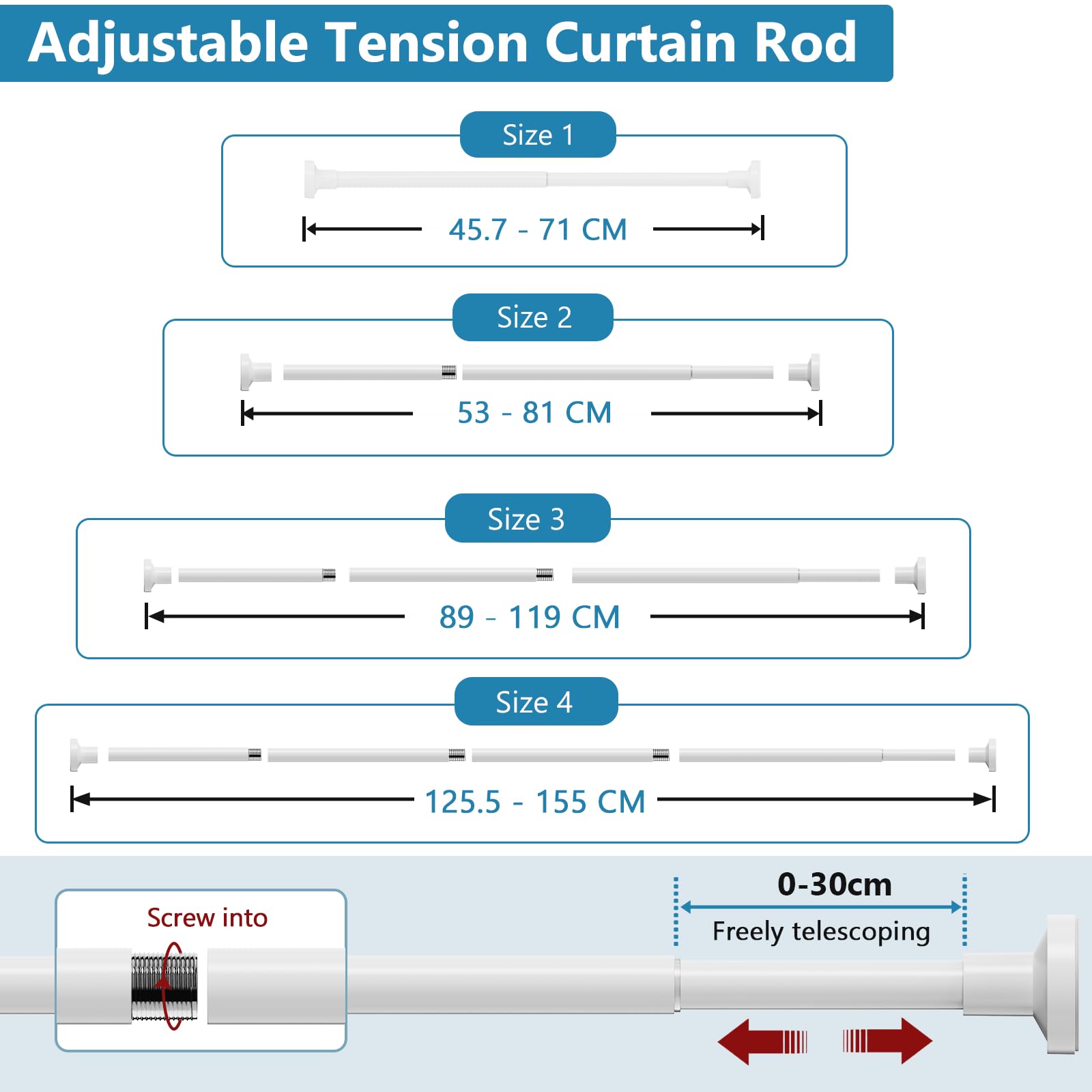 WELDUN Extendable Shower Curtain Rod, Curtain Tension Pole 48-154CM, No Drill Telescopic Curtain Pole - Image 4