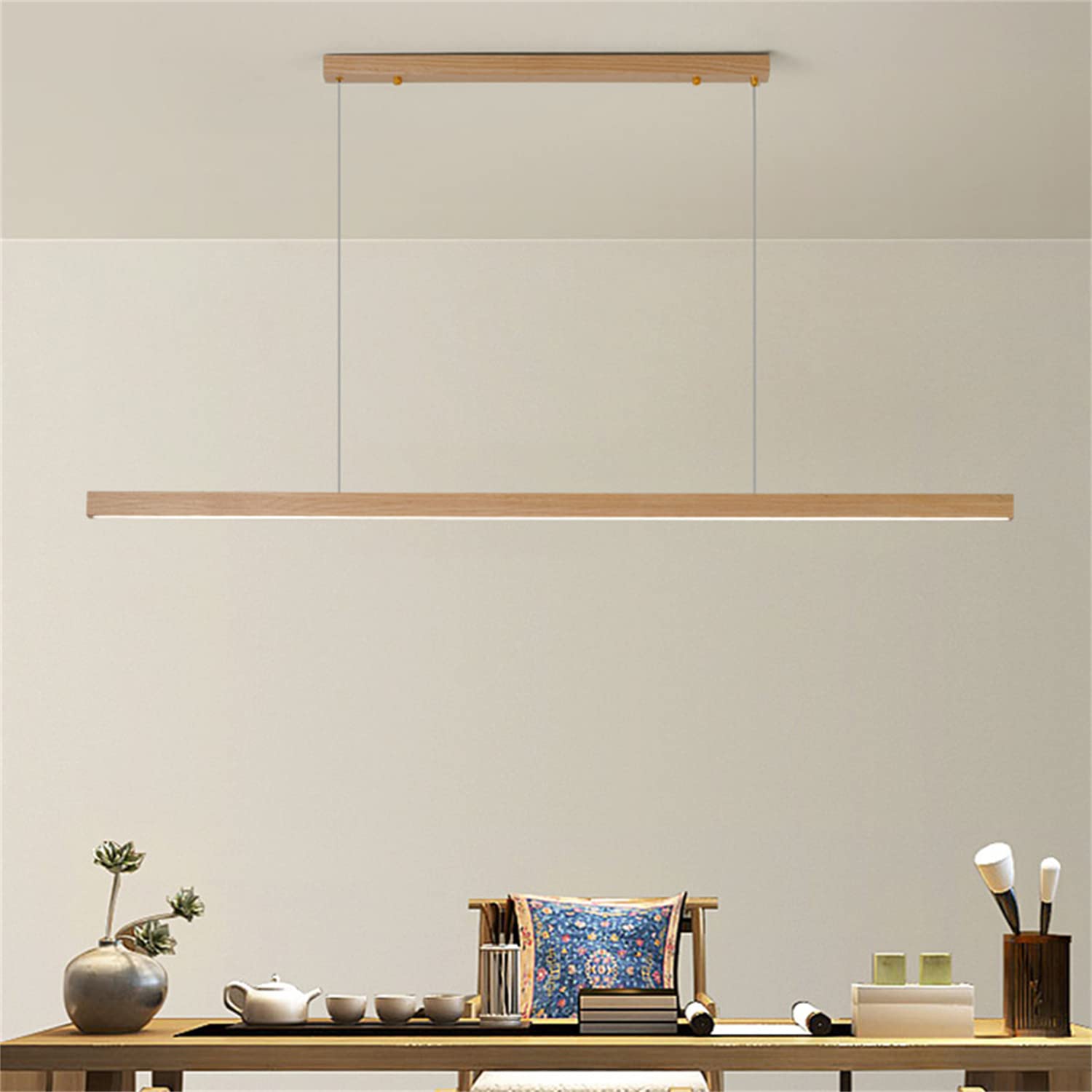 UIOPPOI Lámpara Colgante Lineal de Madera, Luces de Isla para Comedor, lámpara Colgante de Techo Regulable LED Moderna, para Comedor, Cocina, Isla, Sala de Estar, Bar, Madera, 150 cm