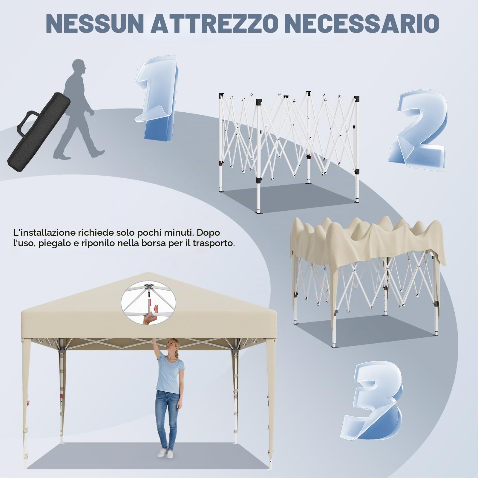 JUMMICO Gazebo 3x3 Pieghevole｜Assemblaggio in 5 Minuti｜Altezza Regolabile & 10cm più Alta｜Stabile al Vento & Impermeabile｜Protezione UV 50+｜Per Giardino, Campeggio & Feste Beige