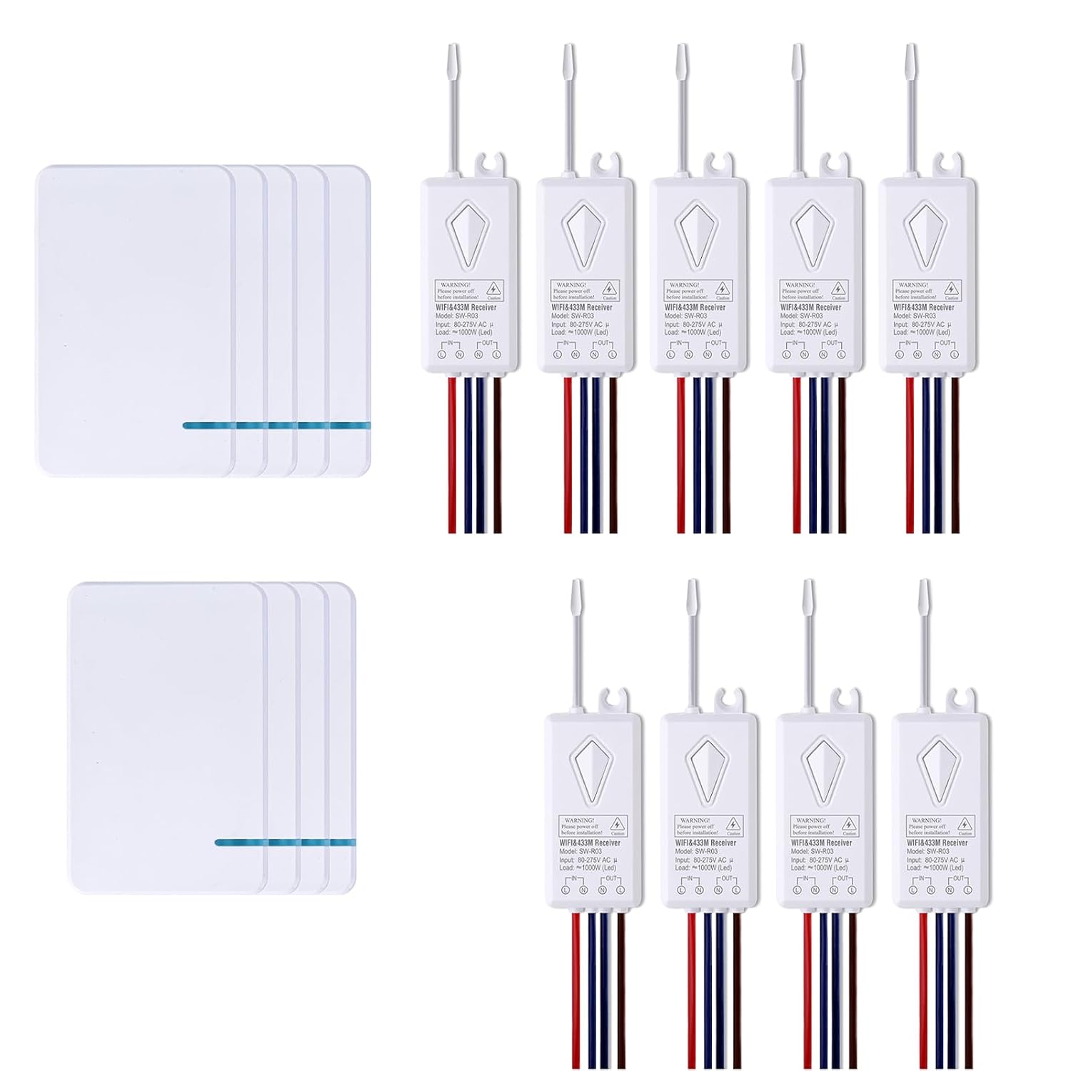 Greencycle Smart Wireless Switch and Receiver Kit,2.4G WiFi Wireless Remove Light Switch Compatible with Alexa and Google Assistant,Voice Control,IP66 Waterproof for Ceiling Lights,Fans,Lamps,9PK