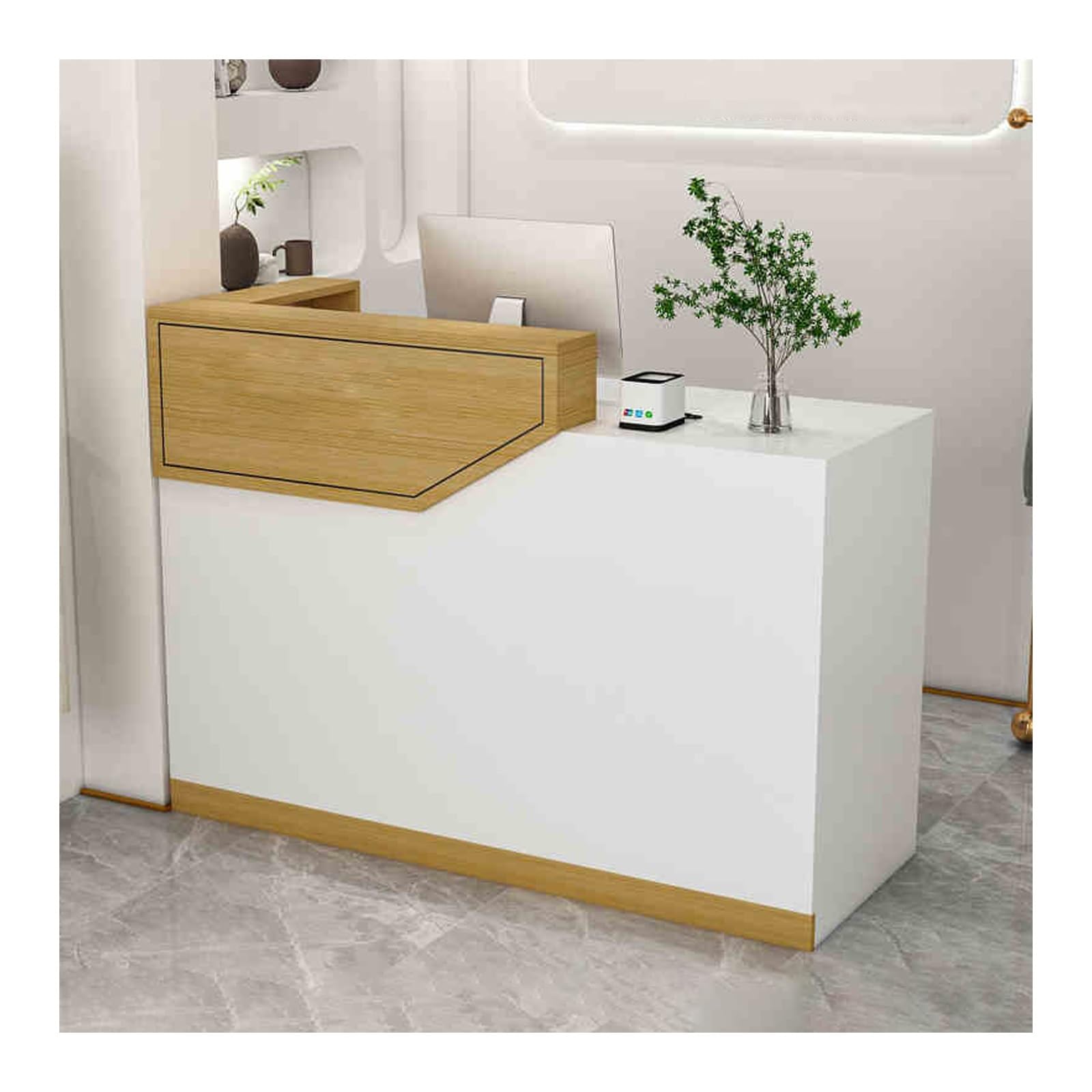 Generico Bancone Reception a L per Negozi di Abbigliamento e Bar - Finitura Rovere Dorato, postazione di Lavoro per cassiere da 140 cm (55,1 Pollici), banco Cassa per Reception