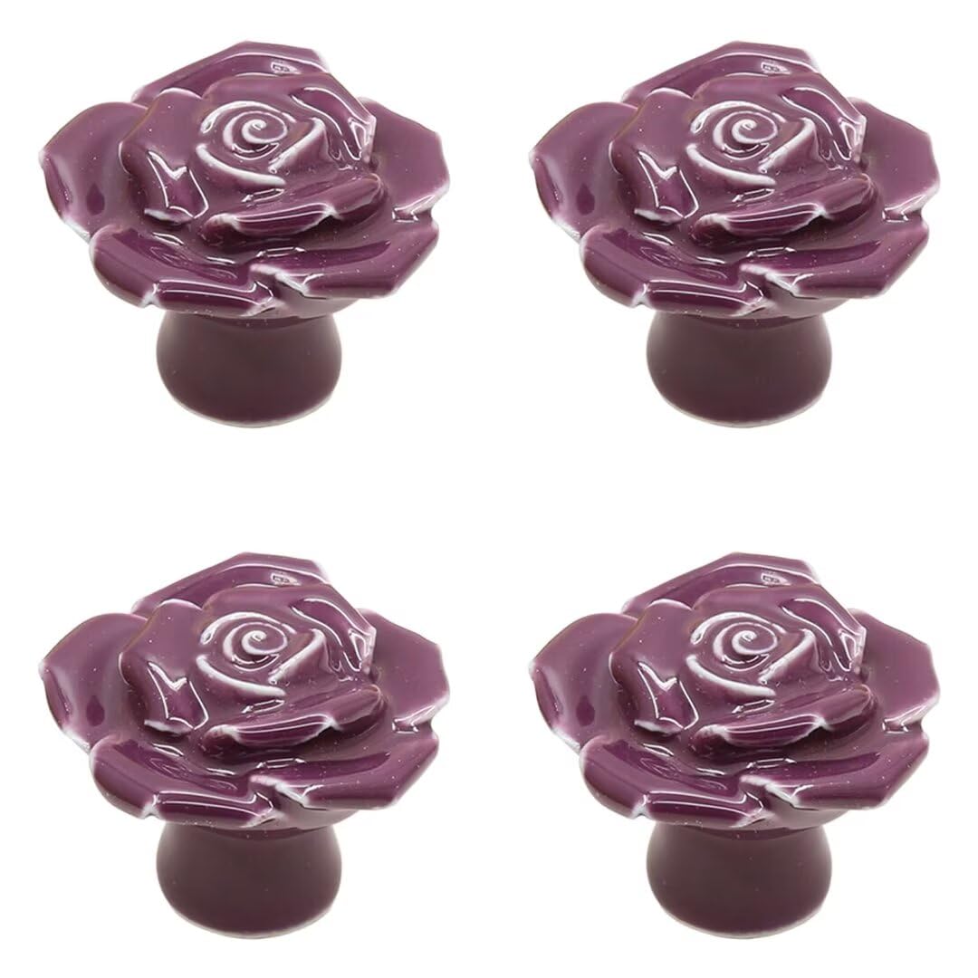 Boutons de tiroir en céramique violette en forme de rose pour meuble et commode x4