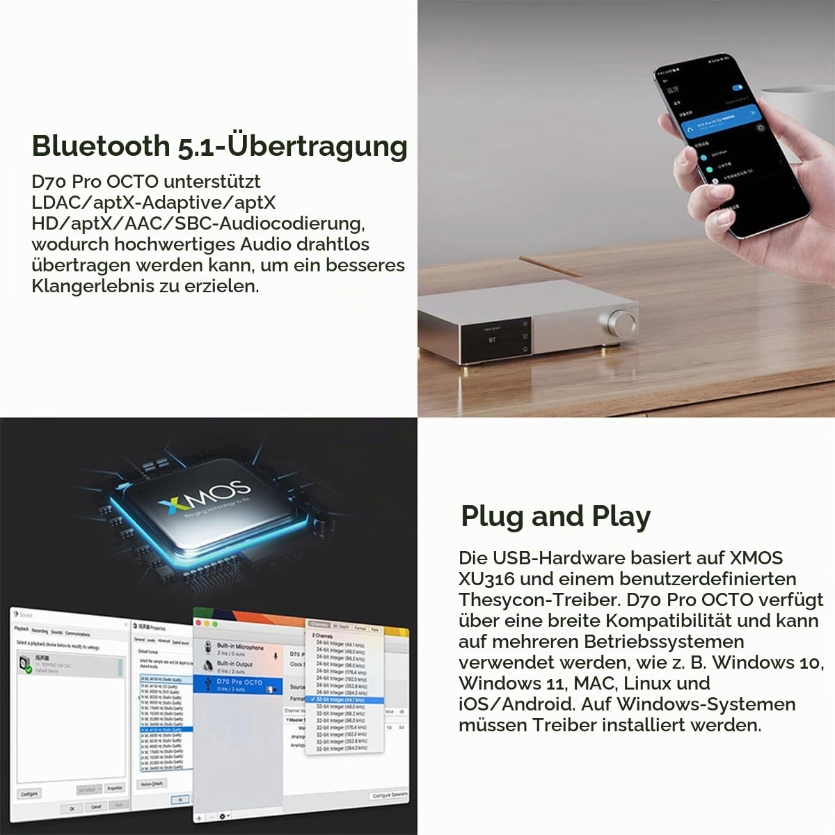 Topping D70 Pro OCTO DAC – Bluetooth 5.1 LDAC, 8x CS43198 USB PCM 32bit/768kHz DSD512 Decoder, Opt Coax Digital-Analog-Wandler, Vollbalancierter Audio-Vorverstärker DAC mit Fernbedienung, Schwarz