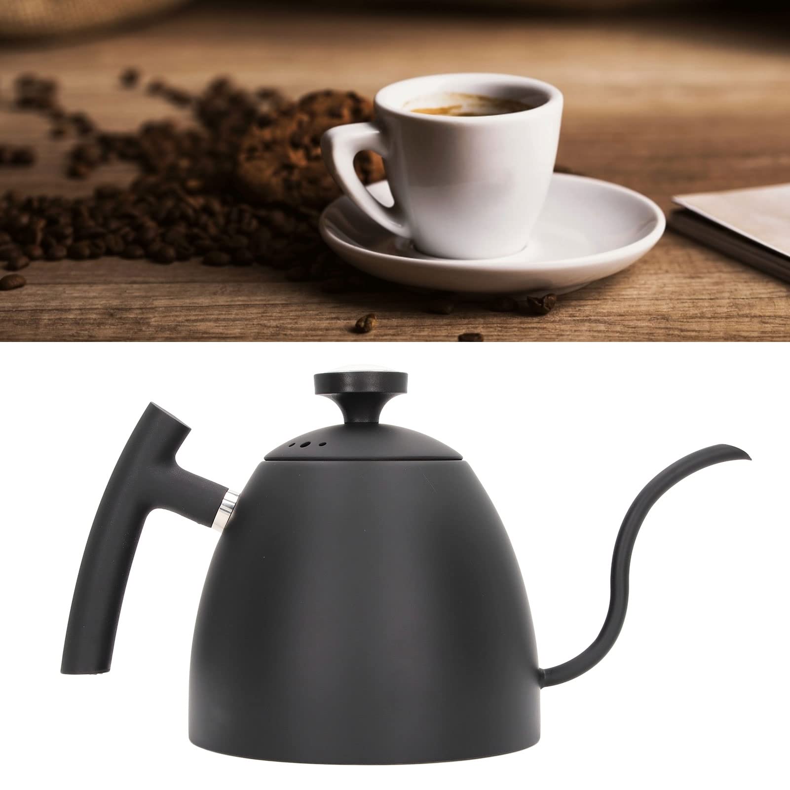 BuyWeek Kaffeekessel mit Thermometer, Schwanenhals-Wasserkocher aus Edelstahl 800 ml Teekessel mit großem Fassungsvermögen für Haushalt, Café, Schwarz