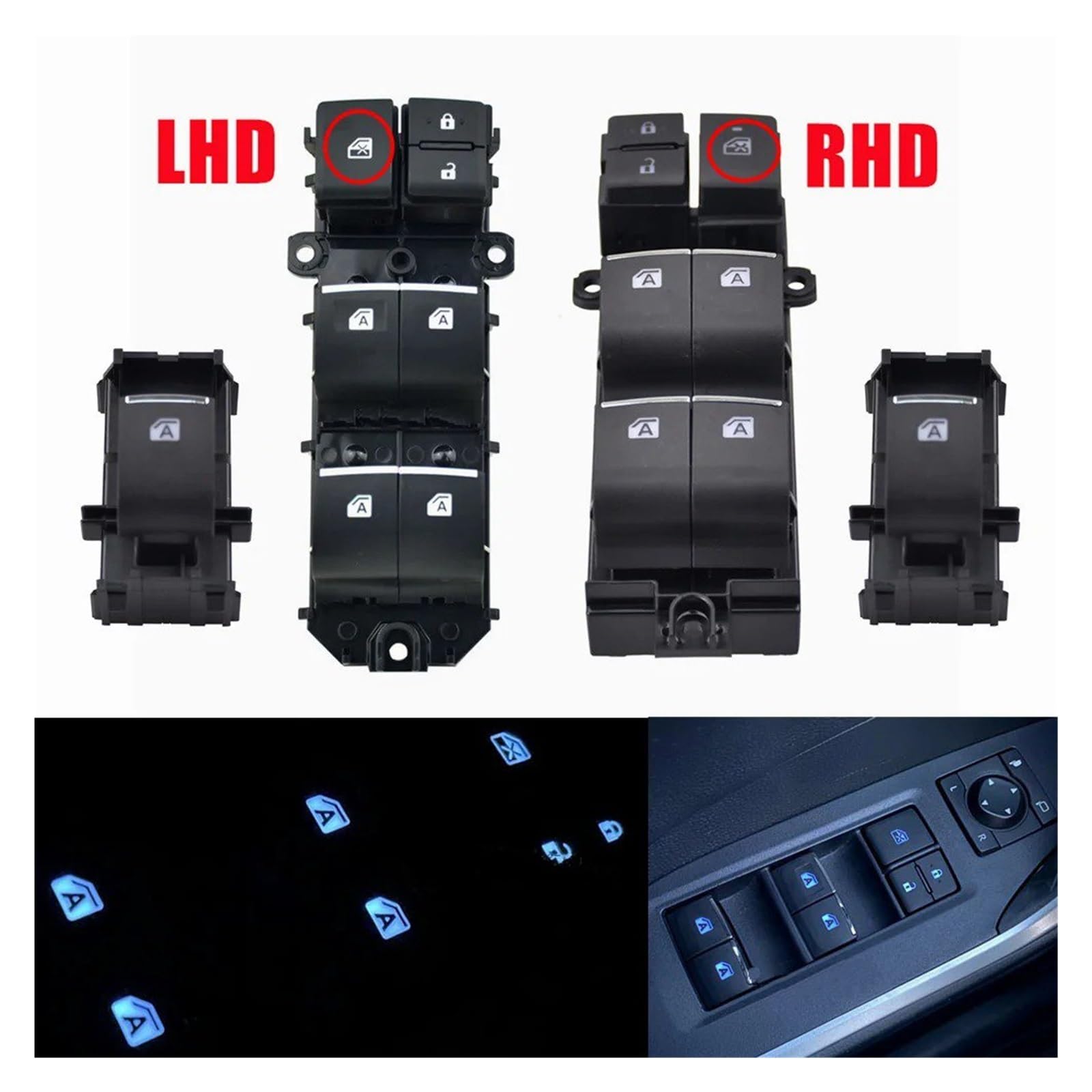 Commande De Vitre Électrique pour pour RAV4 pour RAV 4 XA50 2019–2021 pour Yaris pour Cross 2022 Éclairé LHD RHD Interrupteur De Fenêtre Électrique Rétro-éclairé(Master Switch RHD)