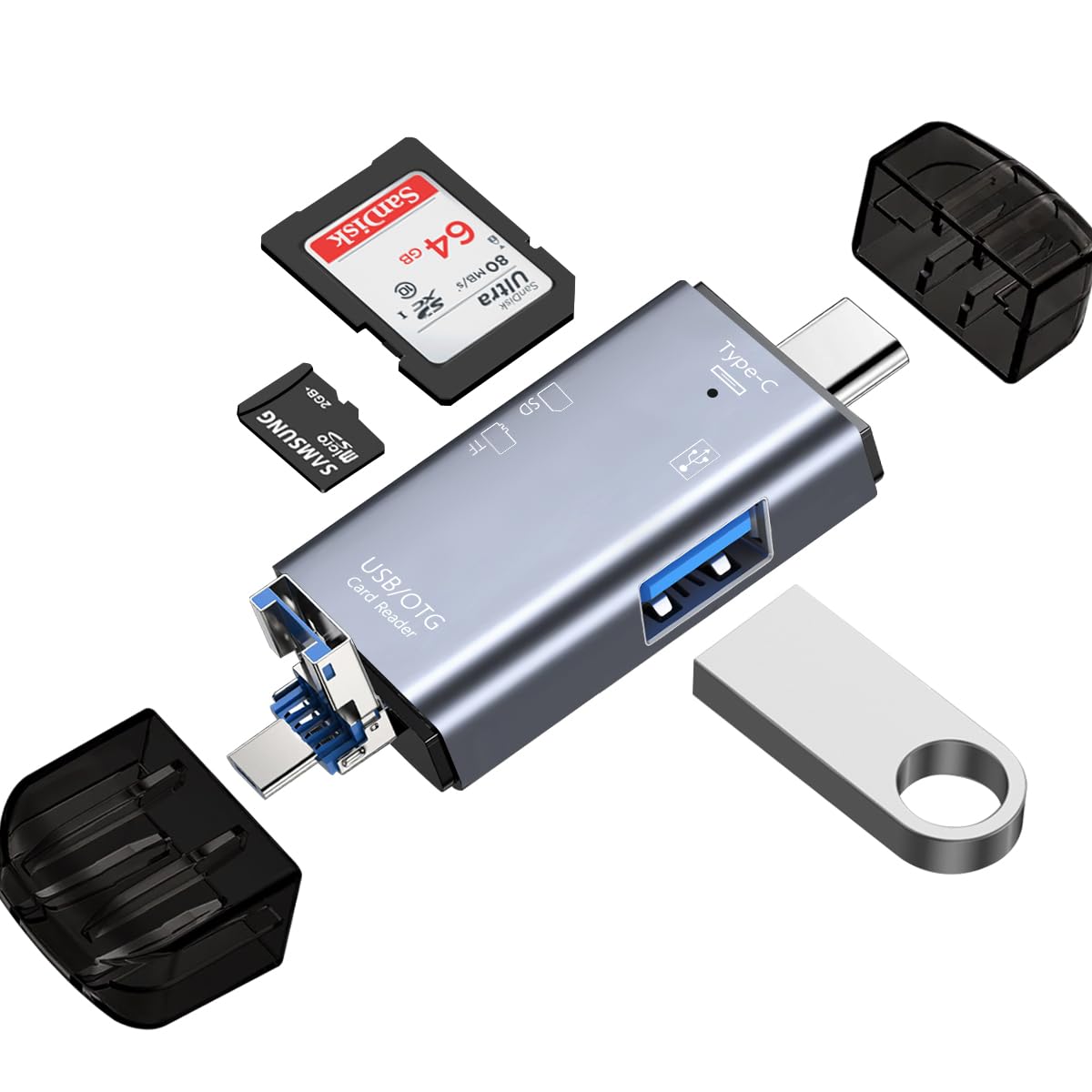 Kinsound 6 in 1 SD & TF Card Reader with Type-C, USB & Micro USB Ports, Portable Memory Card Reader Compatible with TF, SD, SDHC, SDXC, MMC, RS-MMC, Micro SDXC for Computer & Android Phone