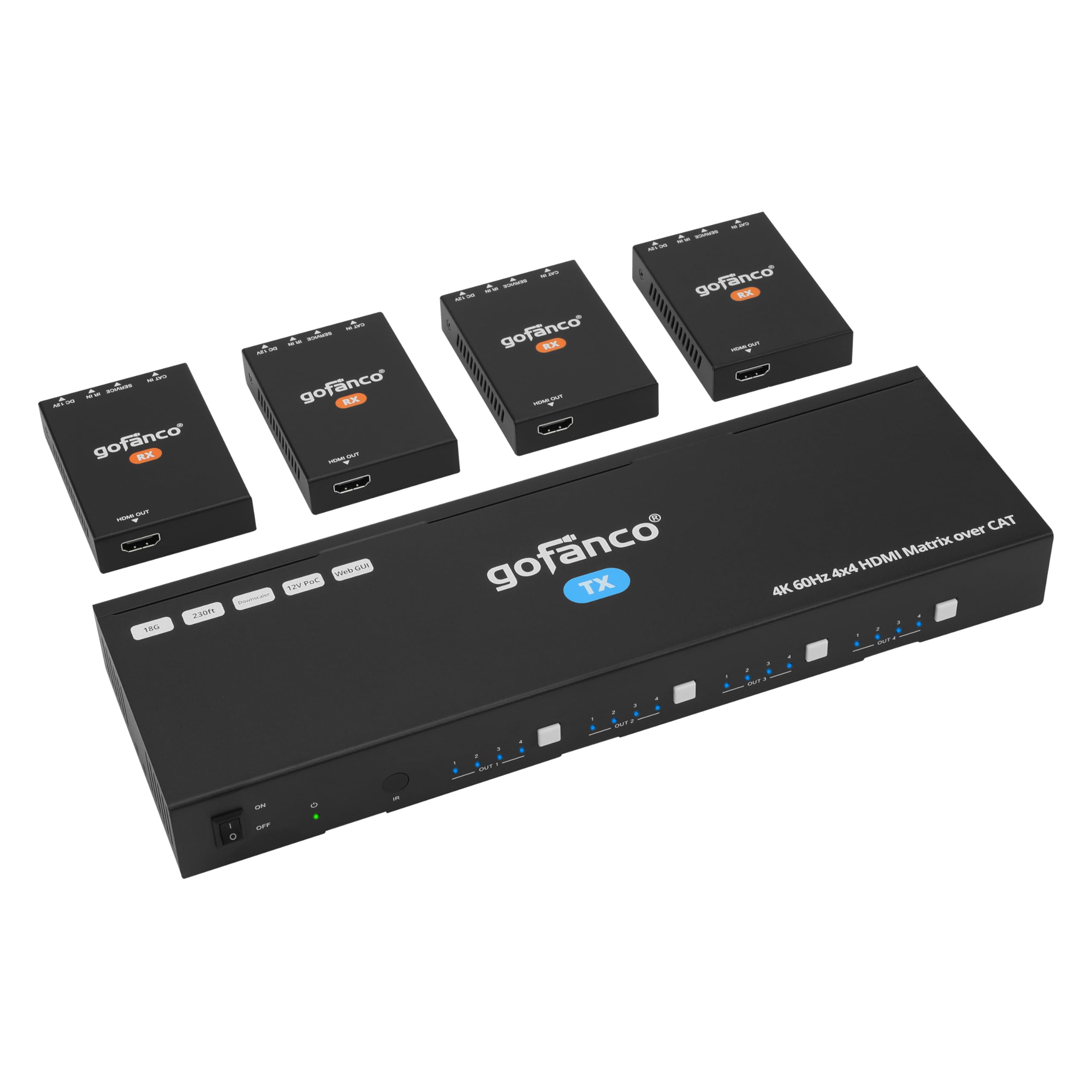 gofanco 4K 4x4 HDMI Matrix Extender Splitter – 230ft CAT6/7 Extension, 4K 60Hz 4:4:4, HDR, HDCP 2.2/1.4, IR, PoC, EDID, Auto Downscale, 8 Video