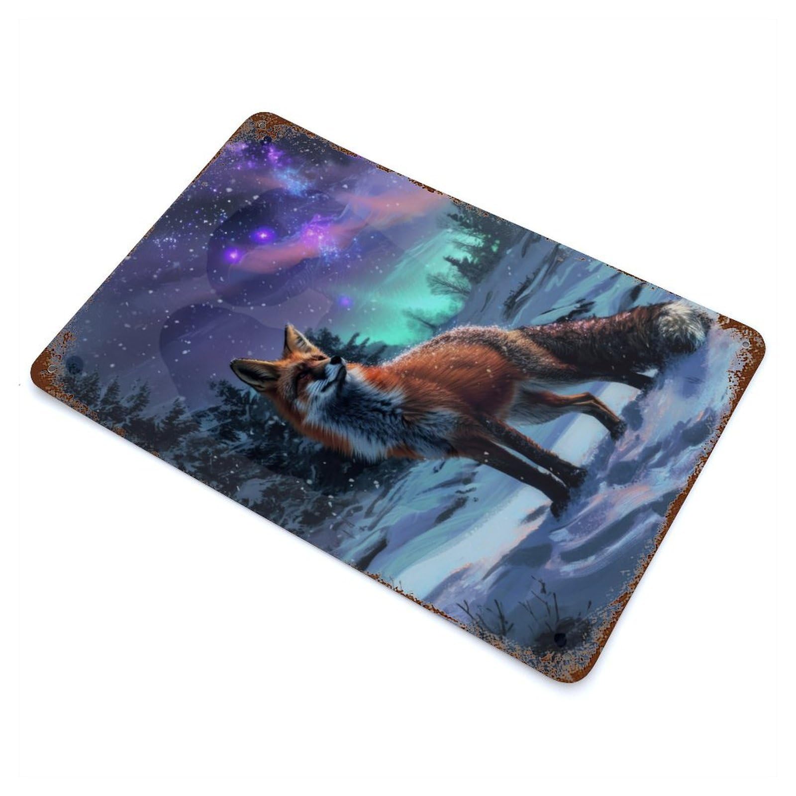 Red Fox Northern Lights Vintage Metal Tin Sign 11.8"x7.9", for Cafe, Home Bar And Lounge Decor, Vintage Wall Decor