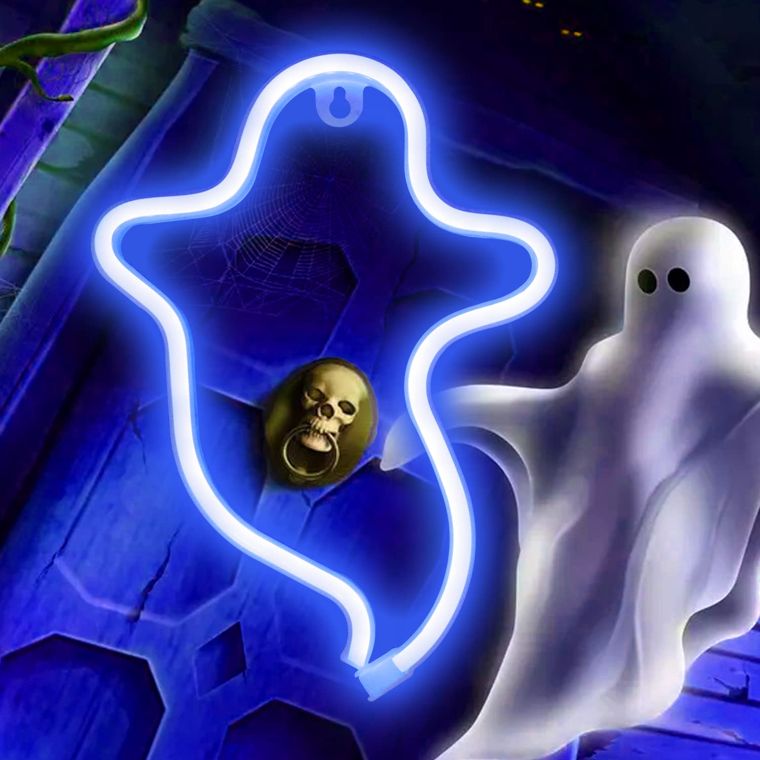 Vicila Ghost Neon Lights Halloween Decorations, Gothic Shaped Lamp USB/Battery Operated Night Lights for Bedroom, Wall, Festival, Party, Christmas Decor-Ghost(Blue)