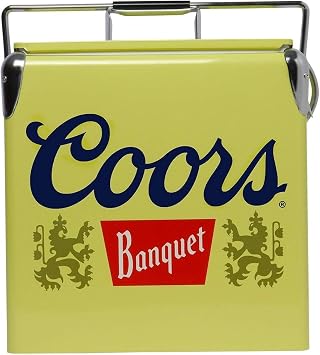 مبرد صندوق الثلج Coors Banquet Retro - دلو ثلج محمول مع فتاحة زجاجات، طراز عتيق، معزول للتخييم والشاطئ والنزهات والمركبات الترفيهية والشواء والحفلات الخلفية وصيد الأسماك، 18 علبة، 14 لترًا، 13 لترًا