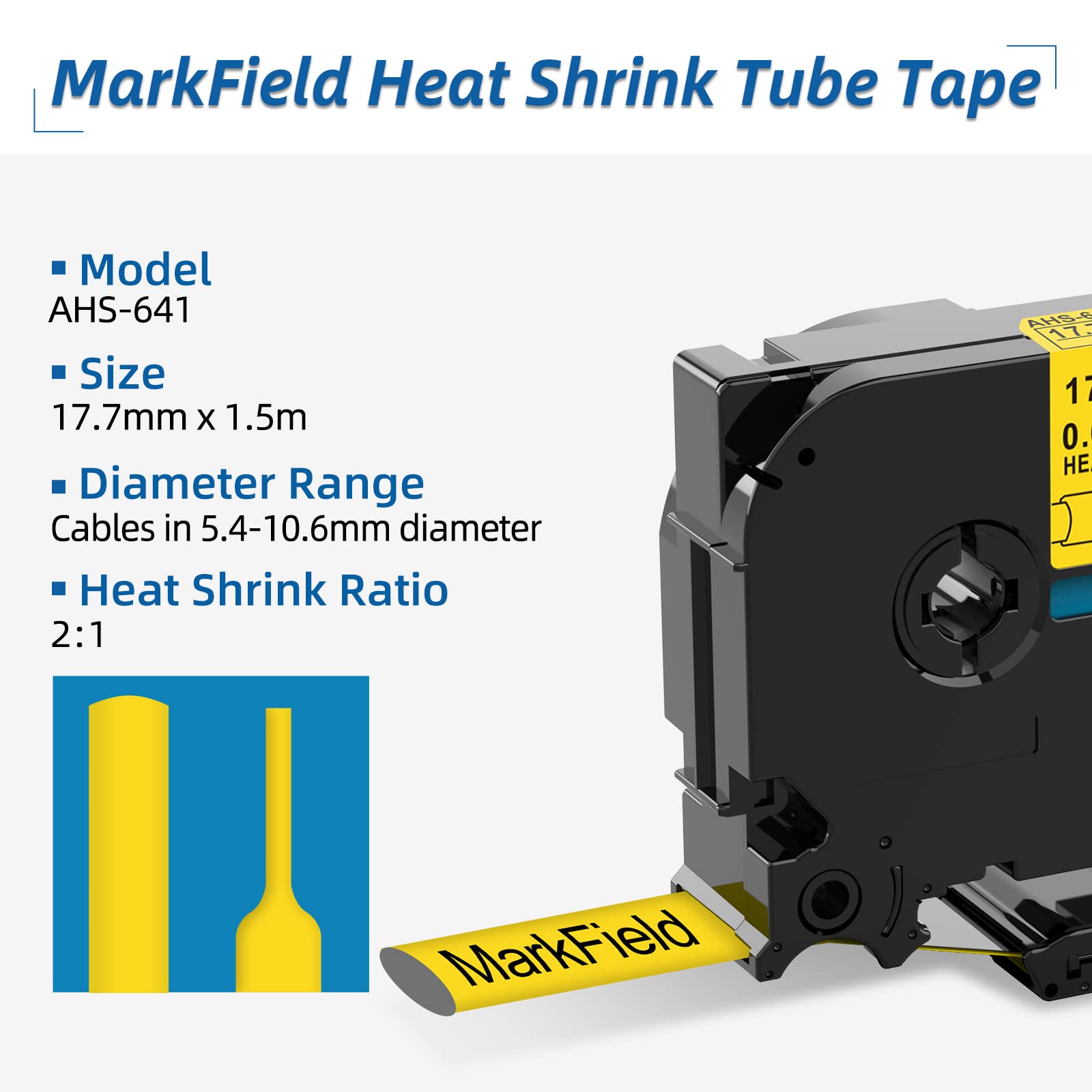 3x MarkField HS HSe-641 Nastro Adesivo Termorestringente Compatibile con Brother P-touch PT-E300 E500 E550W E800W H500, 17.7mm x 1.5m, Nero su Giallo, HSe641 Heat Shrink Tube Etichette
