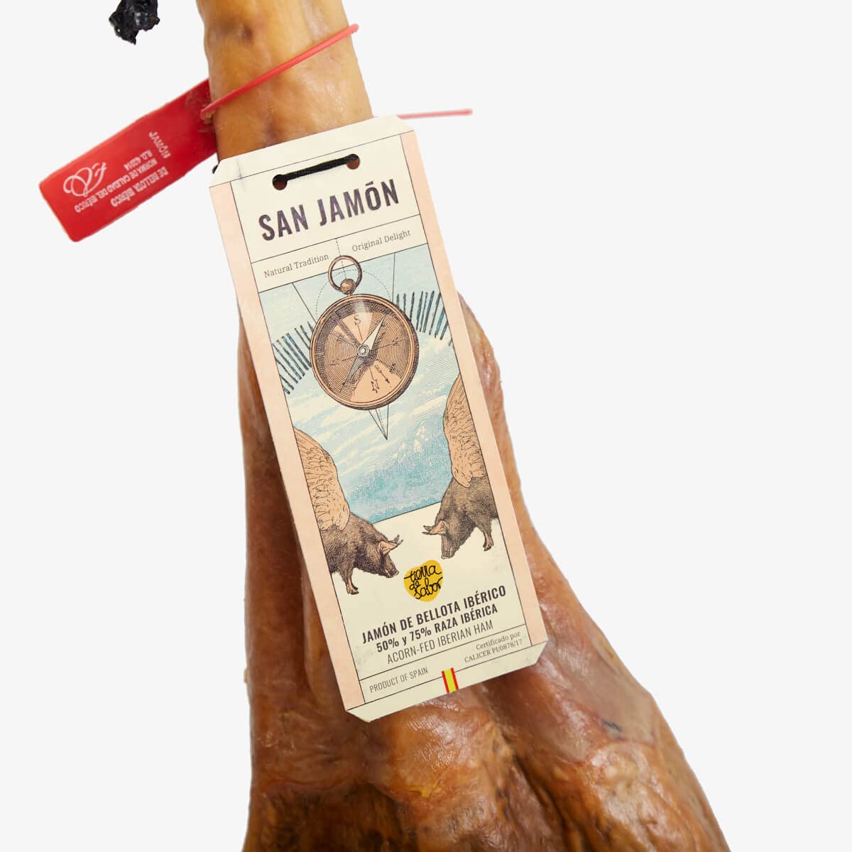 SAN JAMÓN. Jamón Ibérico de Bellota 50% Raza Ibérica. Pata de Jamón Etiqueta Roja de 8,5-9 kilos de Elaboración Artesanal con una Curación Mínima Garantizada de 36 Meses en Secadero Natural.