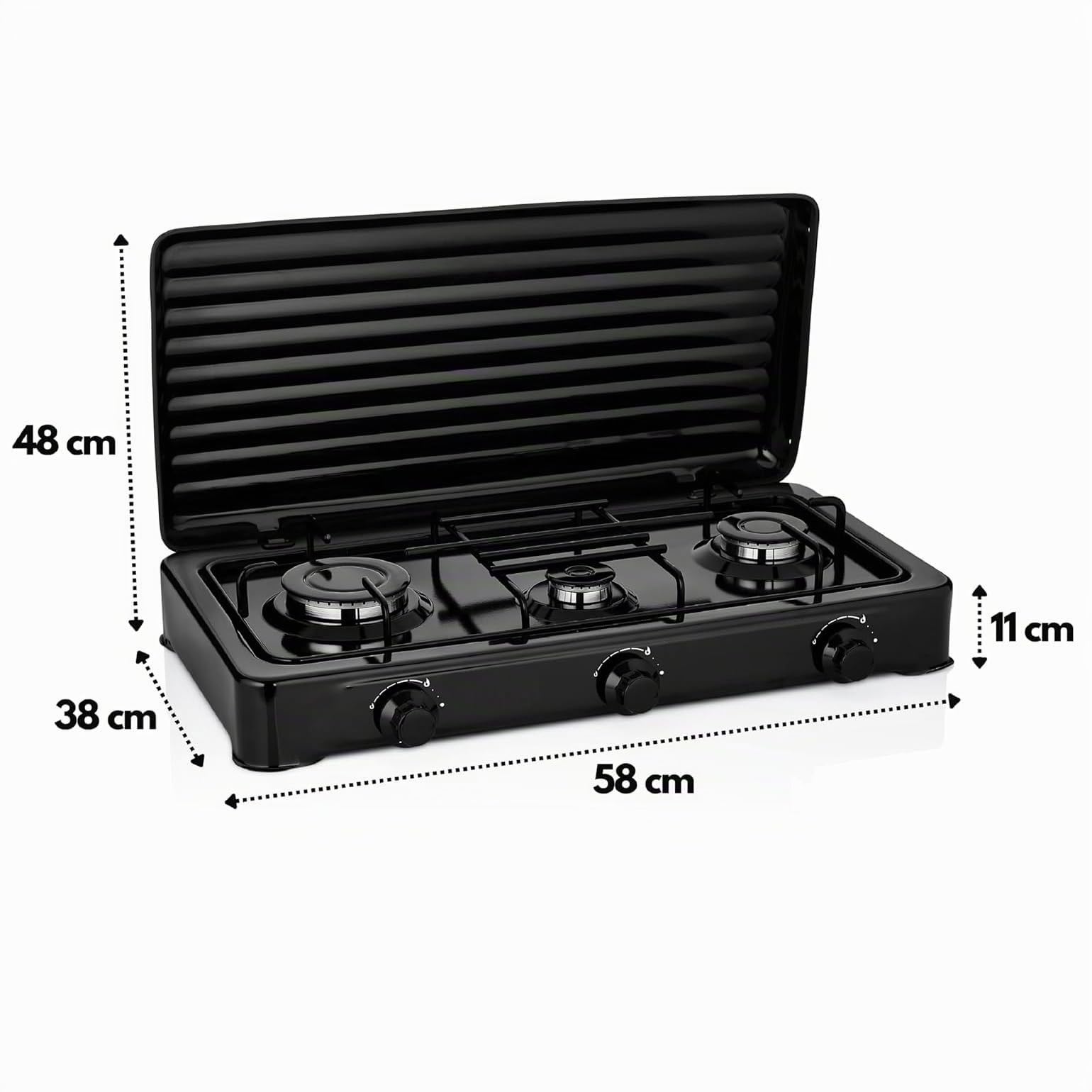 Cocina Hornillo de gas portatil para camping y exterior con 3 quemadores, 30 – 50 mbar, placa de gas con tapa protectora, manguera de presión para butano incluido.