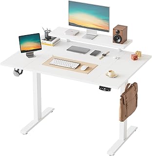 Klicelor Höhenverstellbarer Schreibtisch mit beweglichem Monitorständer, 120x80cm, Sitz-Steh-Schreibtisch mit 2 Speichertasten, 4-teiligen Tischplatte, Computertisch, Weiß