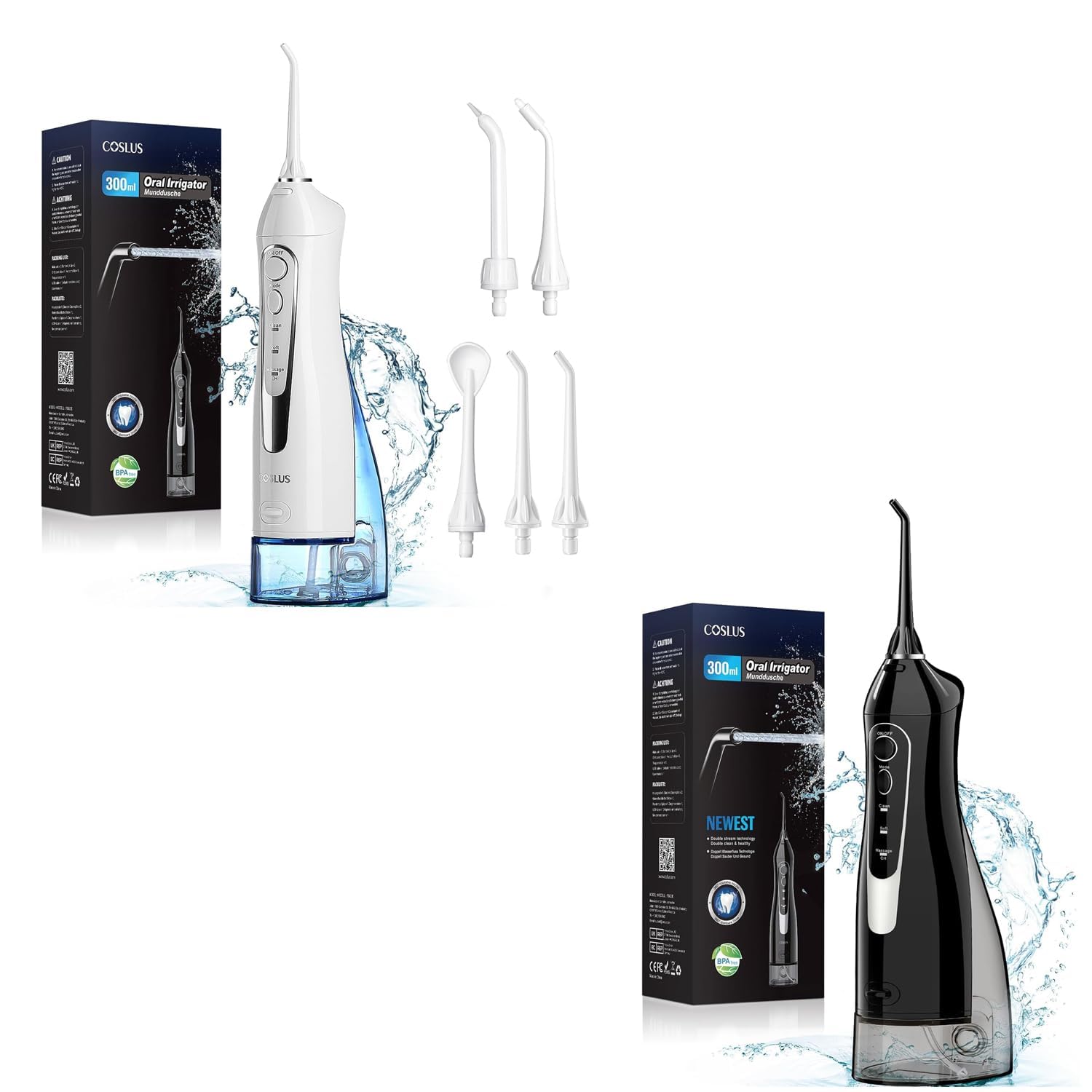 Water Dental Teeth Flosser Pick: 300ML Rechargeable Travel Irrigation Cleaner IPX7 Waterproof Portable Cordless Oral Irrigatorfor Teeth Cleaning White and Black