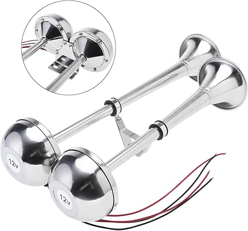 Miniatura 4 de NovelBee Bocina de trompeta doble de acero inoxidable de 12 V, bocina eléctrica de barco marino de 125 db para barco, camión, remolque RV (tono bajo