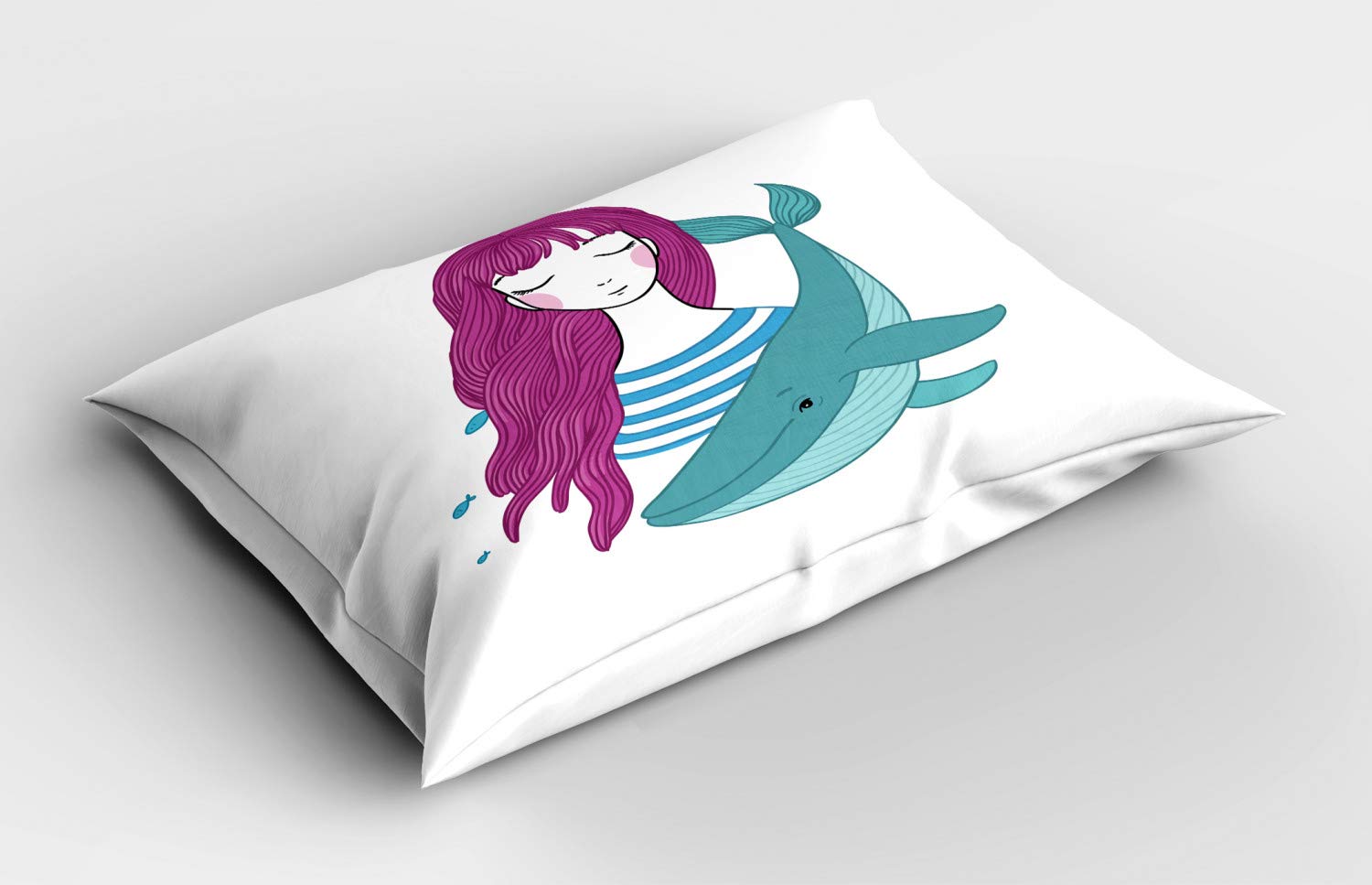 Ambesonne Retro Pillow Sham, Illustration of a Teenage Girl with Closed Eyes and a Funny Whale, Decorative Standard Queen Size Printed Pillowcase, 30