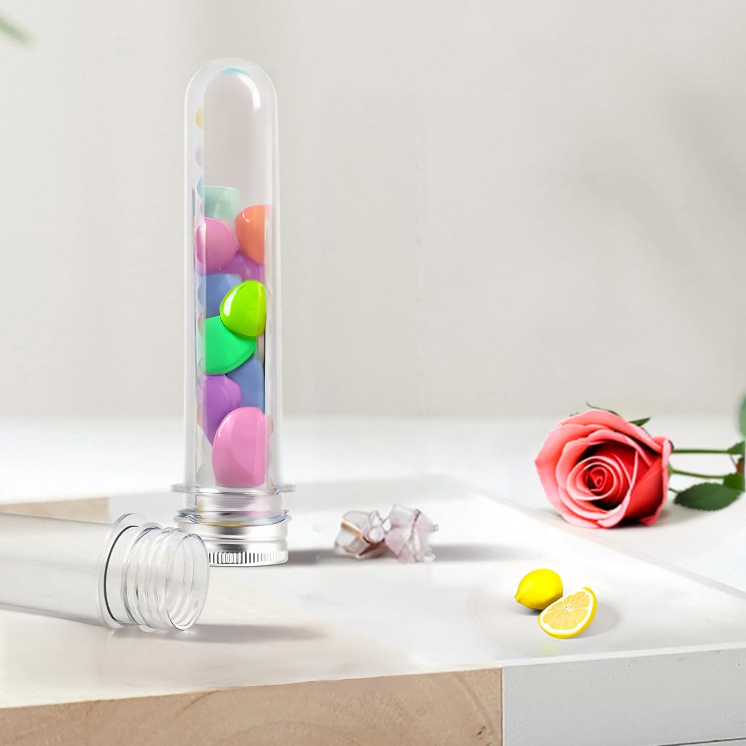 10 PCS 50ml (1.8 Oz) Clear Plastic Round-Bottom Test Tubes with Screw Caps Bath Salt Candy Storage, Sample Vial, Water Tight Seal 0.97 X 6.3" Hand Wash Pill Medicine Carrying Case 15895-10PK-50ML-1D