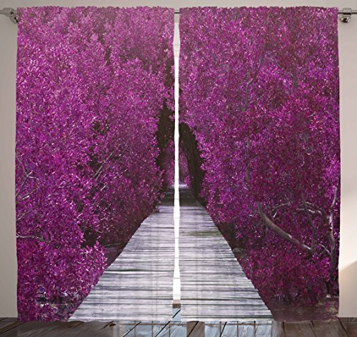 Ambesonne Nature Curtains, Purple Flower Trees Aisle Panoramic Prospective View Picture Print Spring Landscape, Living Room Bedroom Window Drapes 2 Panel Set, 108" X 84", Purple Grey