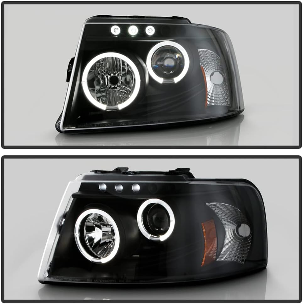 AKKON - For 2003-2006 Ford Expedition Black Bezel Dual LED Ring Design Projector Headlights Front Lamps Replacement