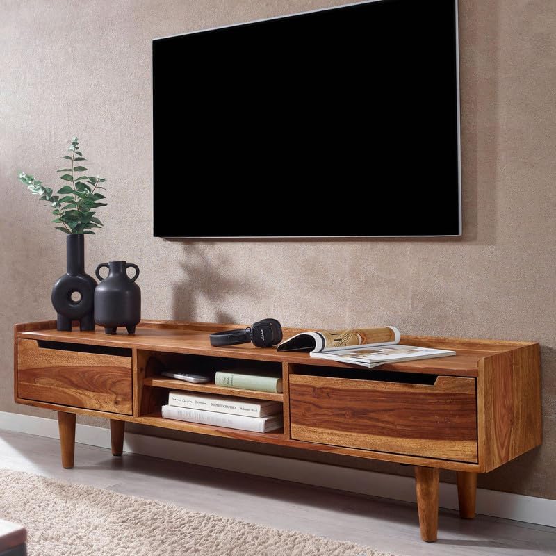 Image of Solid Wood TV Unit for Living Room 55 Inch Furniture - Wooden TV Unit with Storage Cabinet with 2 Door, 2 Open Shelves Wooden TV Cabinet for Living Room - Fits up to 55-Inch TV (Adam)