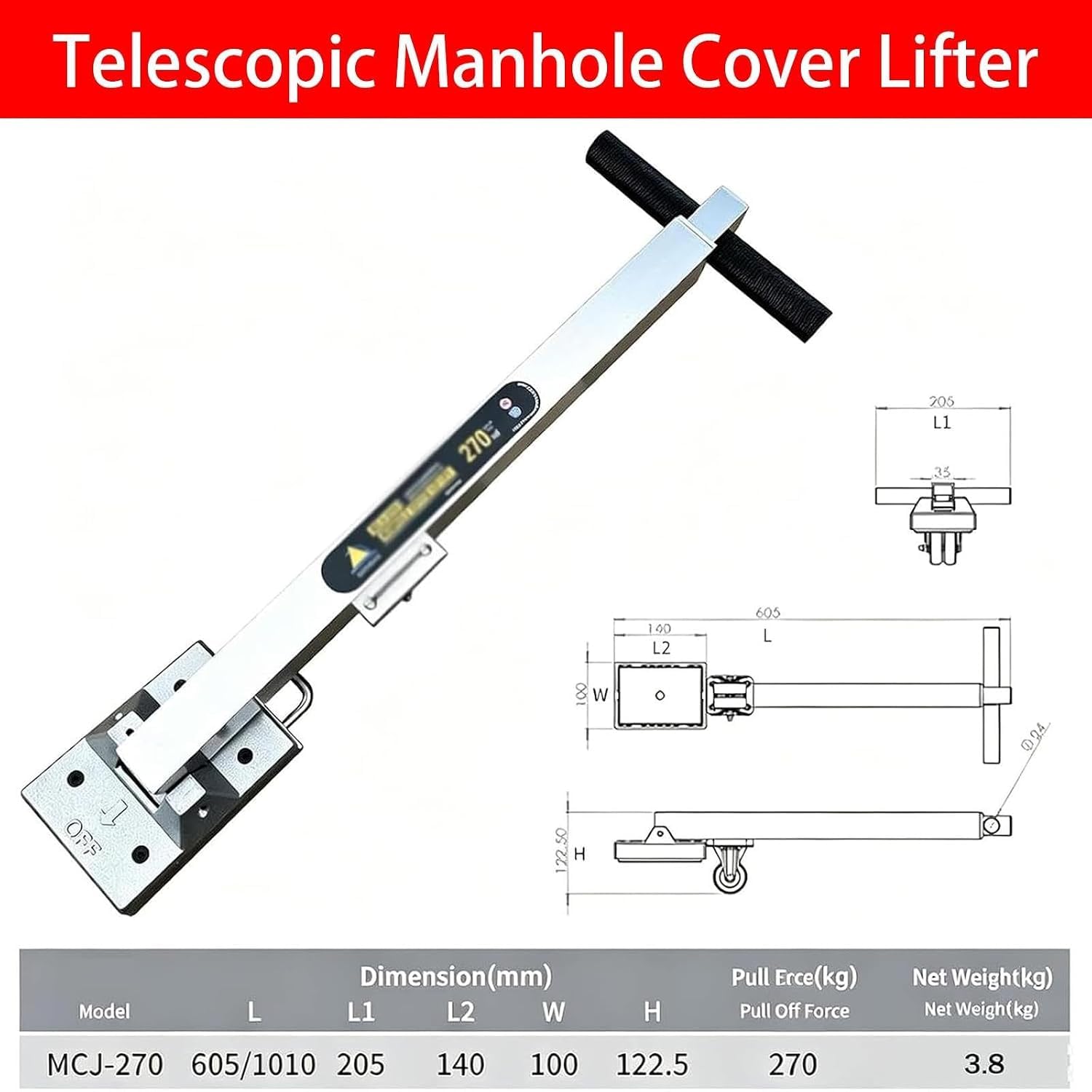 Sollevatore magnetico per coperchi di tombini, con maniglia telescopica, capacità di trazione di 595 libbre, per coperchi di fognature/scarichi/fosse settiche