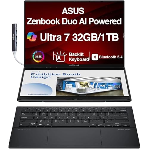 ASUS Zenbook Duo AI Powered 2-in-1 Laptop 14.0" Touchscreen OLED 2.8K Display (Intel Ultra 7-255H, 32GB LPDDR5X, 1TB PCIe SSD, Backlit KB, 2 Thunderbolt 4, WiFi 7, Win 11 Pro) w/DKZ USB Port Expander