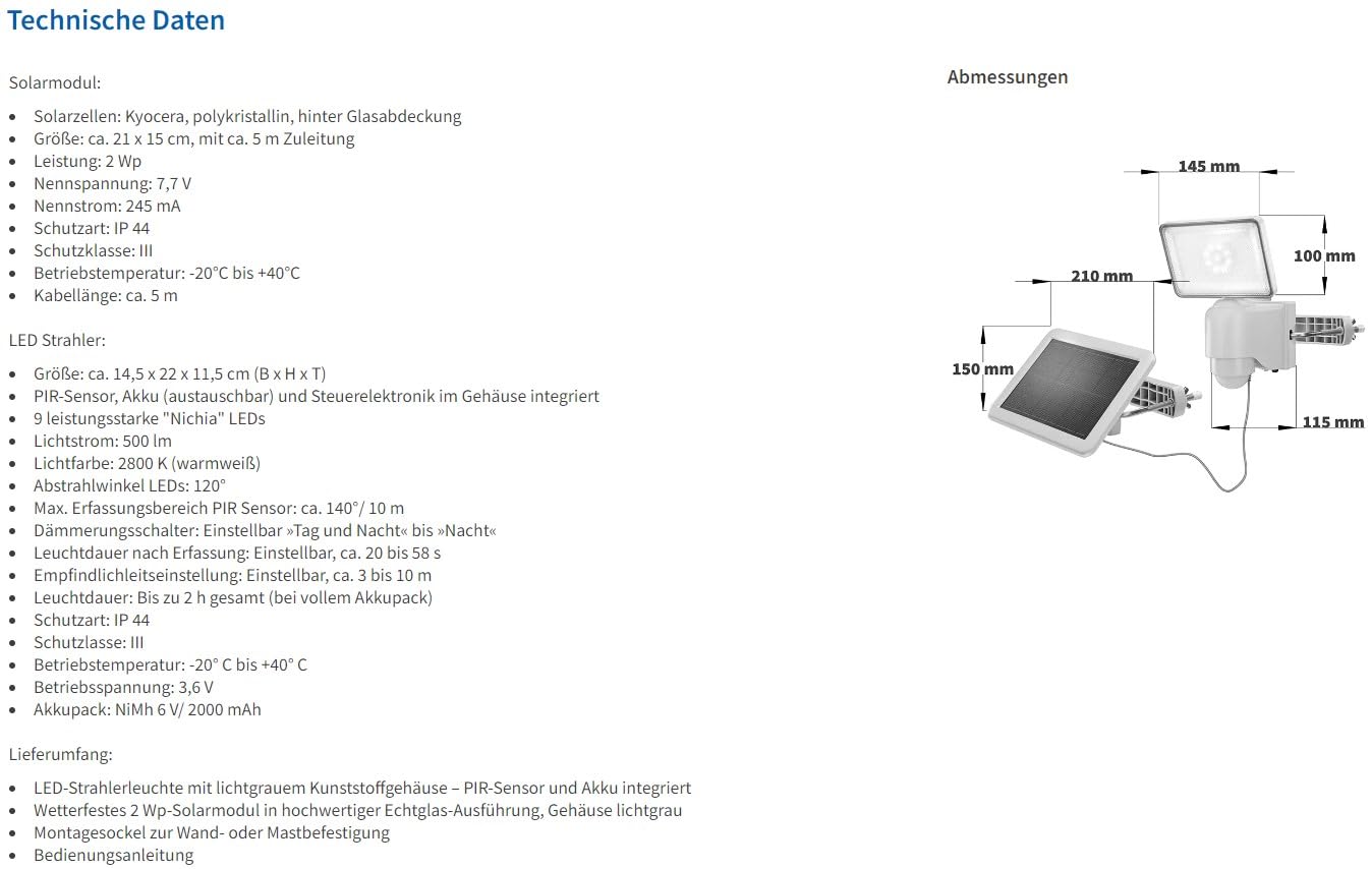 Esotec Solar Wandstrahler HighPower 500, PIR Bewegungsmelder, Akku, Lichtsystem, LED Flächenstrahler, Solarmodul, Solarstrahler, Wandleuchte, 2800K, Kunststoff, IP44, außen, wetterfest, 102510