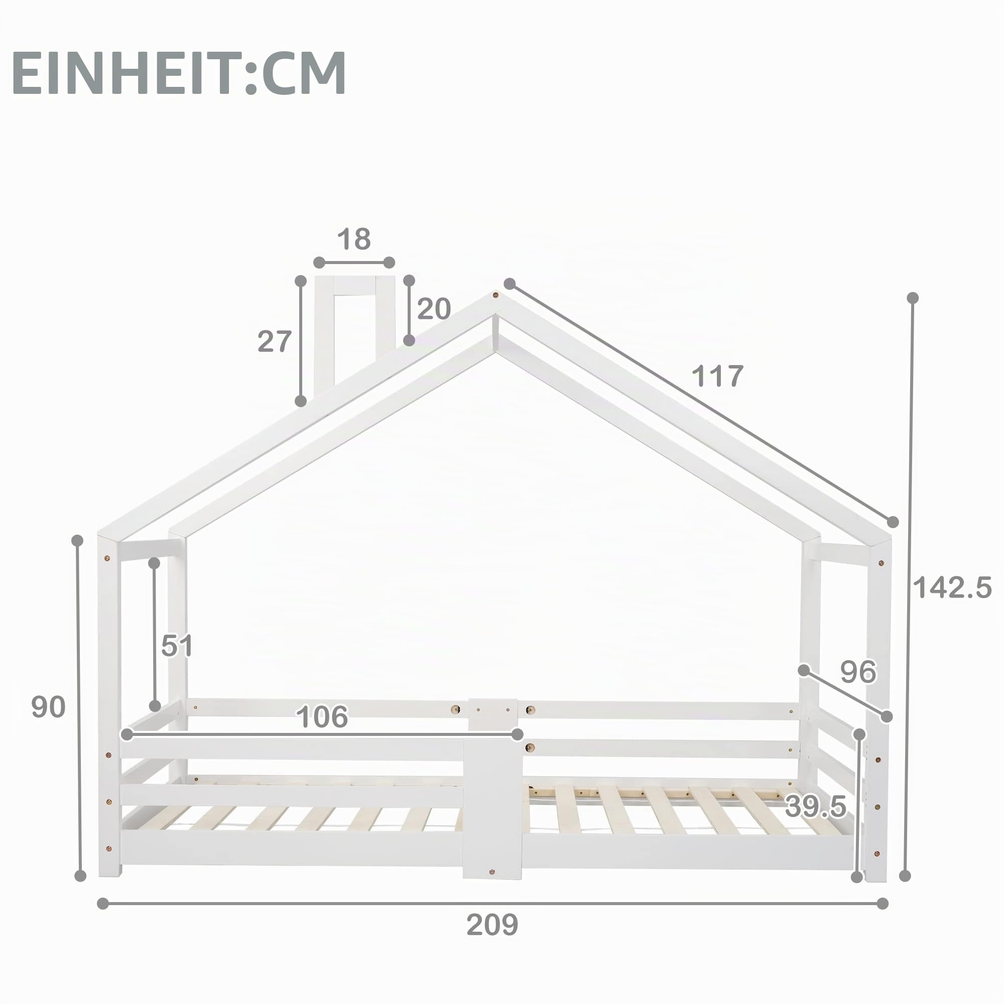 Kayan Kinderbett Hausbett mit Schornstein | Rausfallschutz| Robuste Lattenroste |Kiefernholz Haus Bett für Kinder, 90 x 200 cm (Weiß)