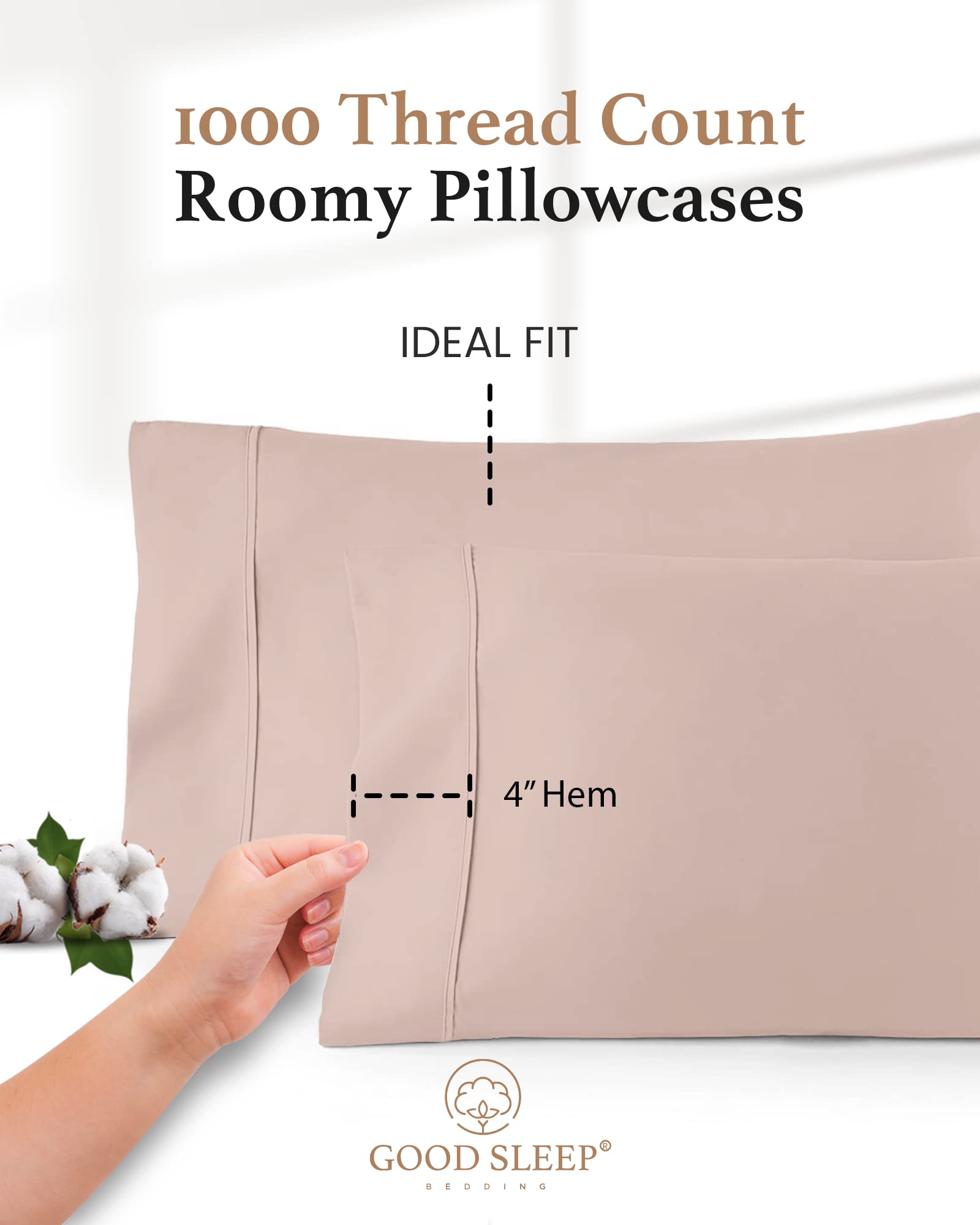 Lot de 4 taies d'oreiller 1000% Coton égyptien 1000% Coton égyptien à Longues Fibres et Tissage satiné, Doux et Soyeux pour Un Sommeil Confortable, Ajustement Parfait
