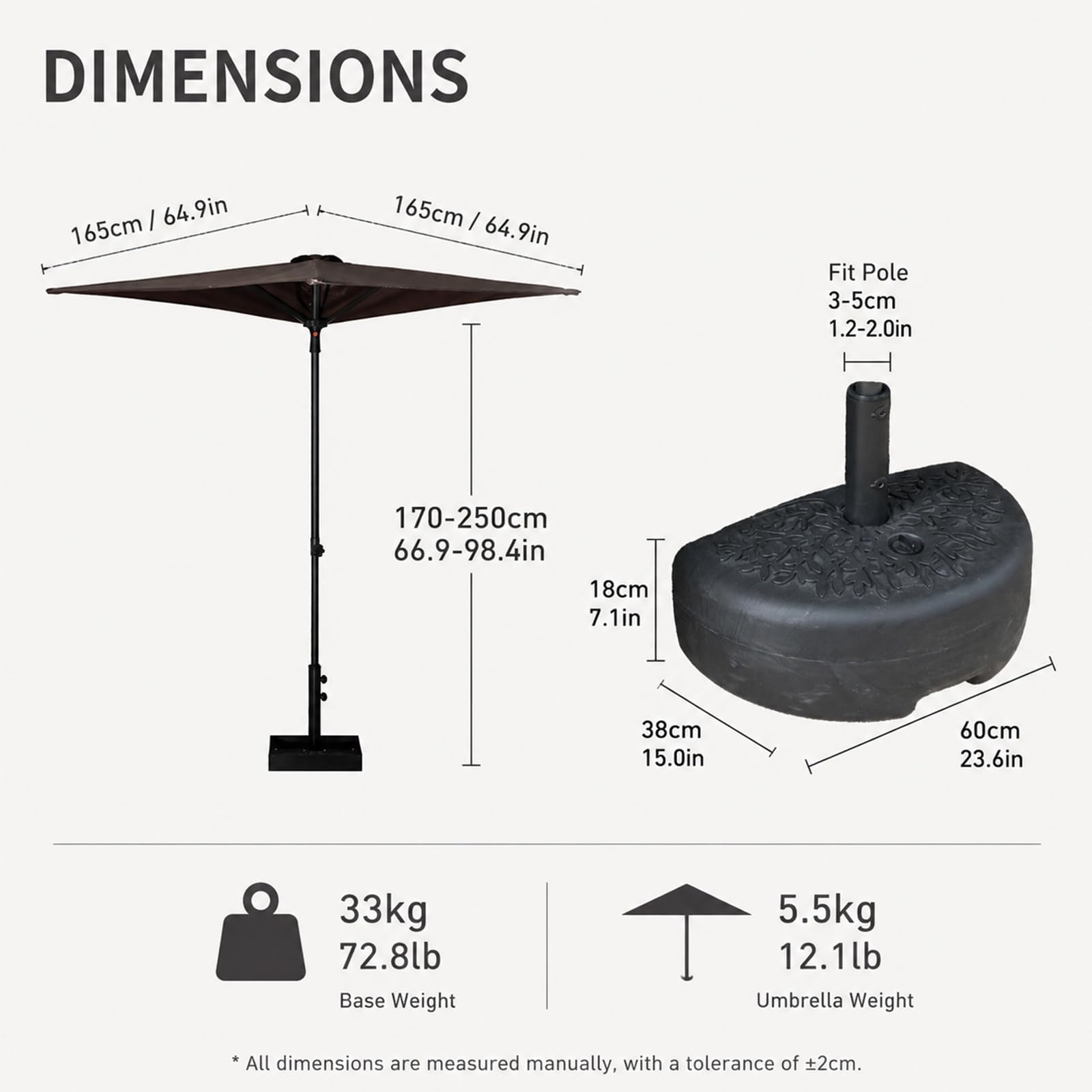Ombrellone da Esterno 1/4, Parasole Esterno Quadrato Da 165cm Resistente Ai UV, Struttura Rinforzata Con Base Riempibile D’Acqua, Palo Con Altezza Regolabile 1,7–2,5m Per Giardino E Balcone