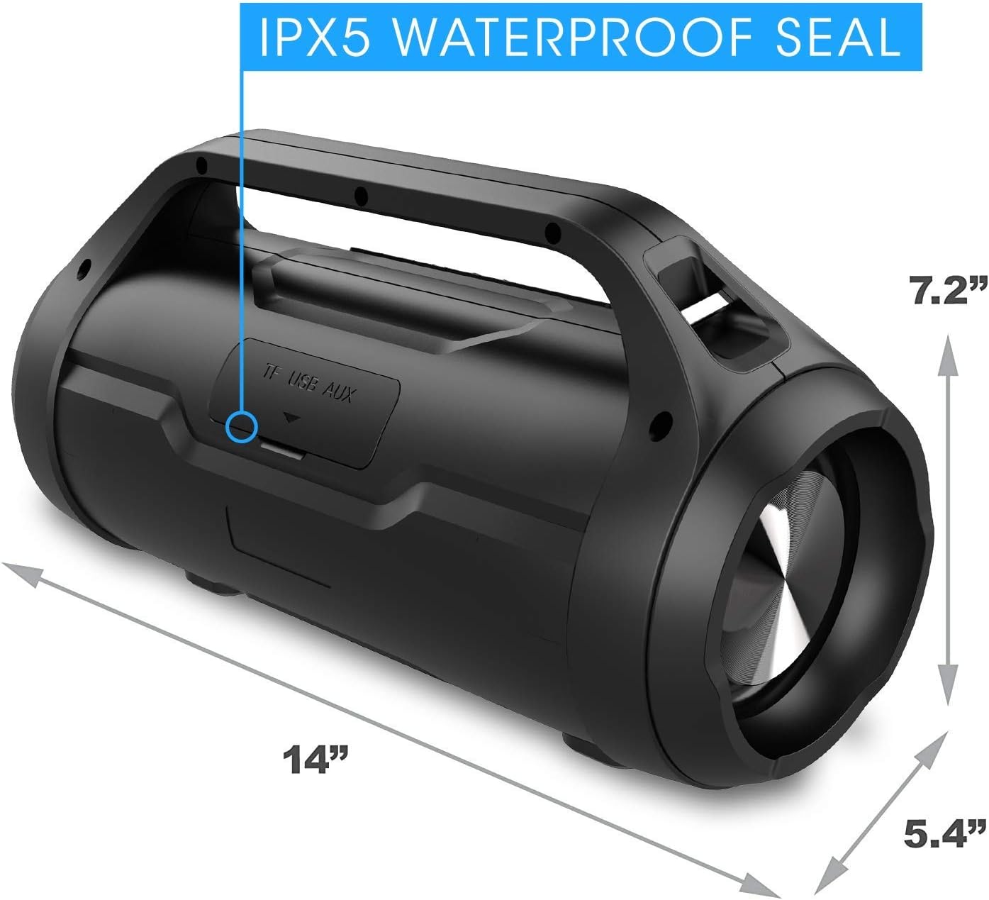 Dolphin LX-20 speaker with dimensions labeled: 14 inches length, 7.2 inches height, 5.4 inches width.