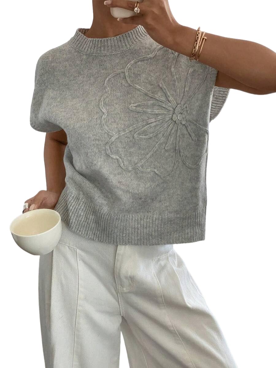 QJQ Womens Short Sleeve Sweater Vest 3D Flower Floral Decor Knit Crewnek Anthropologie Clothes Summer Casual Cute Tops