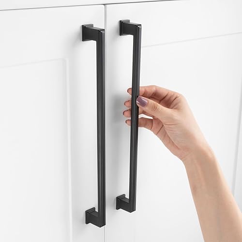 Miniatura 55 de Paquete de 10 tiradores para gabinete con agujero central de 3-3/4 pulgadas (96mm), tiradores de gabinete negro mate, manijas de cocina negras