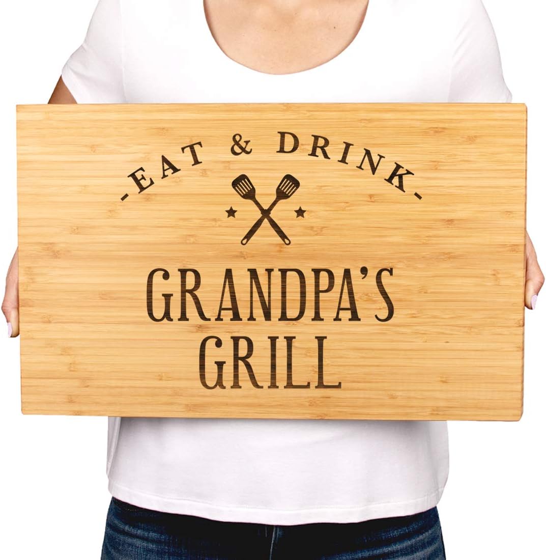 Andaz Press Large Bamboo Wood BBQ Cutting Board Gift, 17.75 x 11-inch, Grandpa's Grill, 1-Pack, Laser Engraved Serving Chopping Board Christmas Birthday Chef Kitchen Ideas