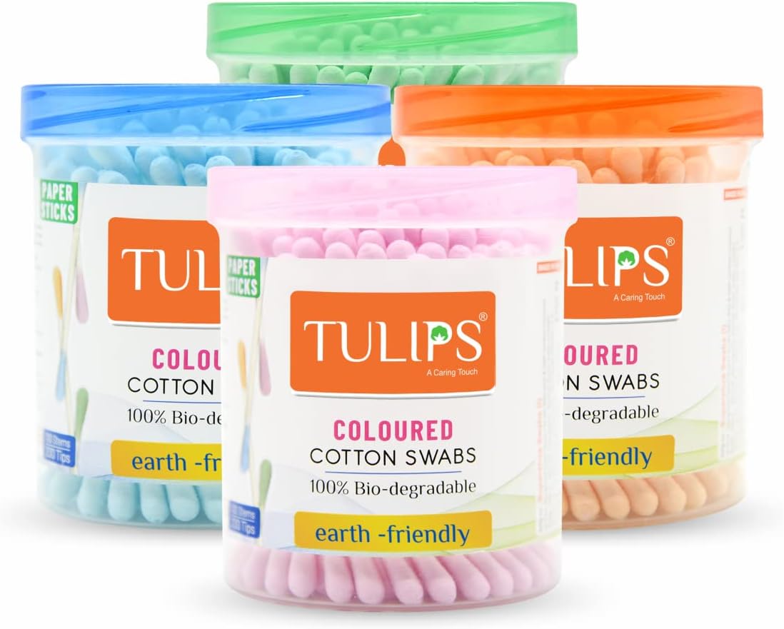 TULIPS Cotton Ear Buds/Swabs Pack of 4 (Multicolor) made of White PAPER Stick (100/200 Tips) in a Jar