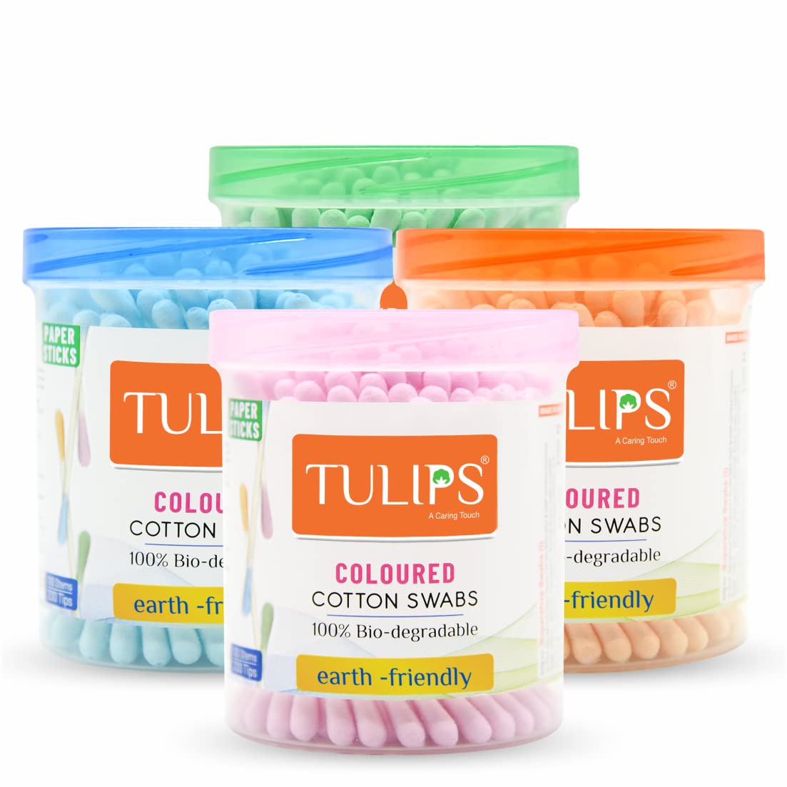 TULIPS Cotton Ear Buds/Swabs Pack of 4 (Multicolor) made of White PAPER Stick (100/200 Tips) in a Jar