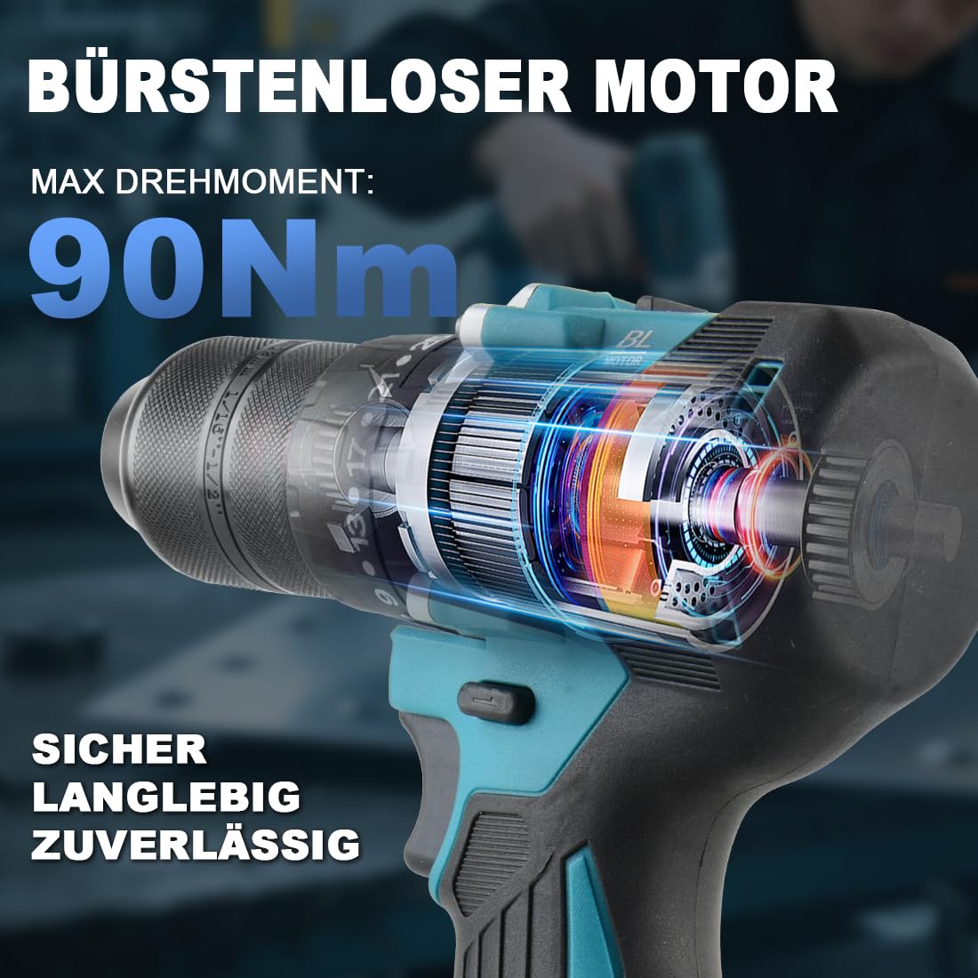 Akumulatorowa wiertarko-wkrętarka udarowa, kompatybilna z Makita 18 V, 13 mm, bezszczotkowa wiertarko-wkrętarka 35 + 3 poziomy momentu obrotowego 90 Nm, 2 regulowane stopnie wkrętarki
