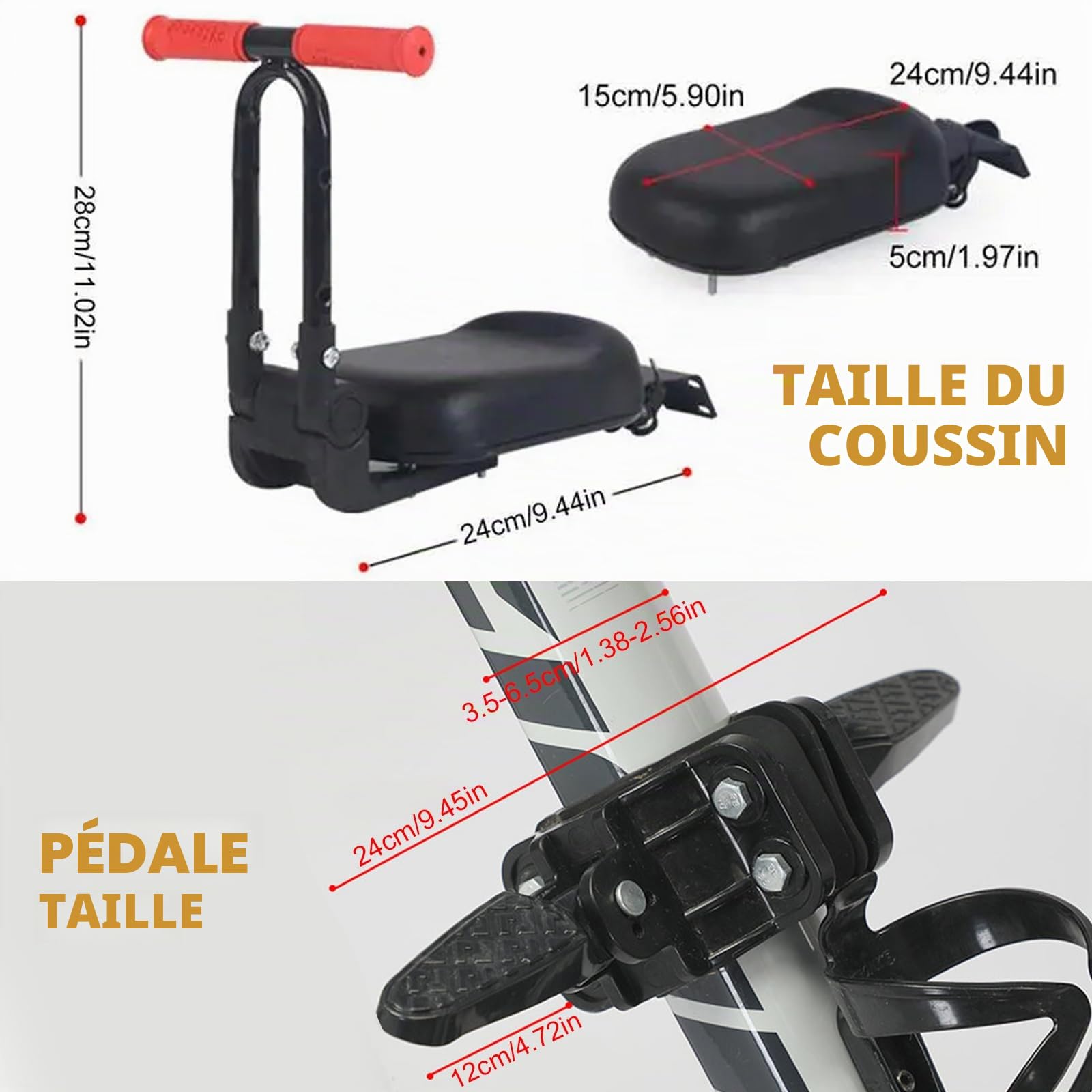 Lot de 3 Sièges de Vélo Monté à Avant pour Enfant avec Guidon et Repose-Pied, Ultra léger, Portable, Pliable, sans Outil
