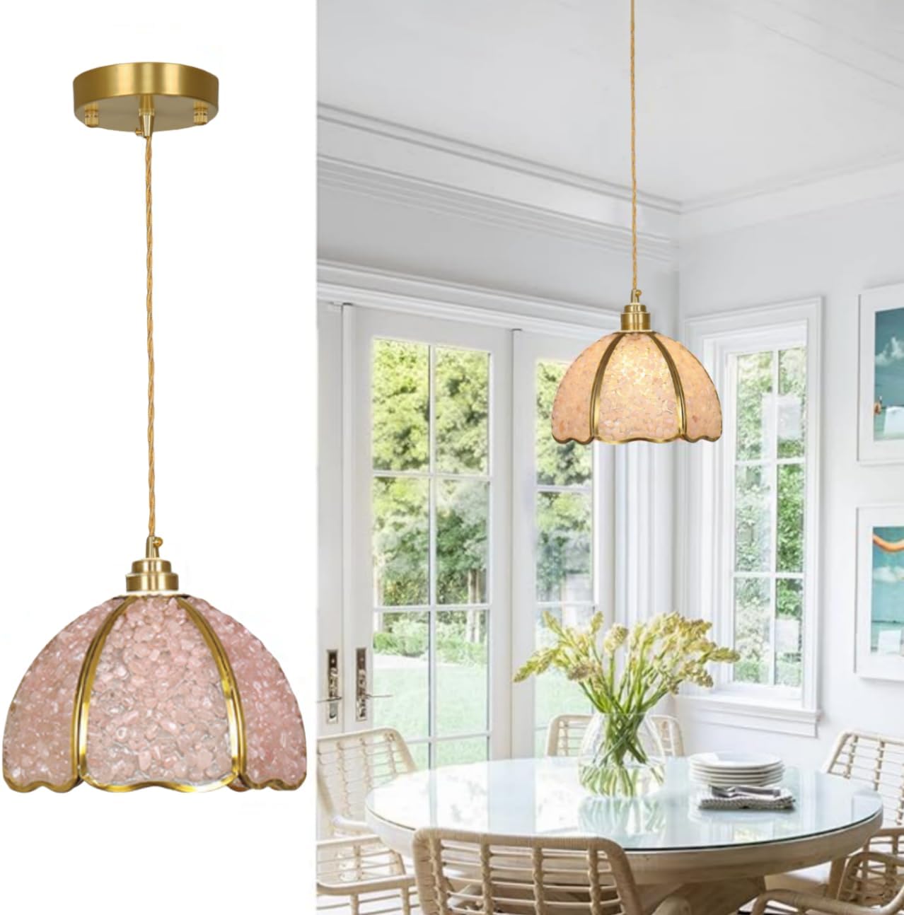 Vintage Brass Pendant Light Crystal Dome Chandelier with Red Agate Beads Boho Coastal Pendant Lighting for Kitchen Island Dining Room Light Fixture