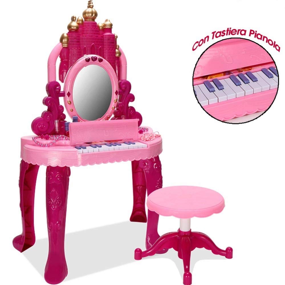 Trade Shop - Specchiera Make Up per Bambina con Luci Suoni Tastiera Pianola E Sgabello 2in1