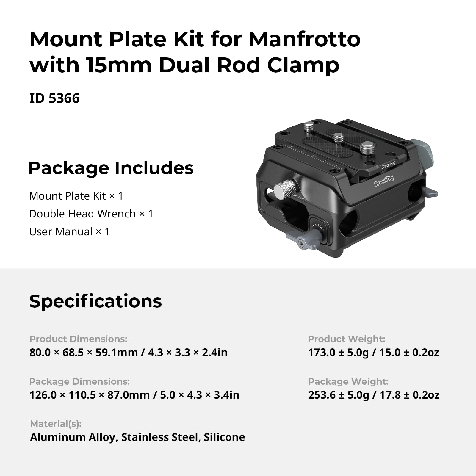 SMALLRIG Zestaw Płytek Montażowych Do Manfrotto Z Podwójnym Zaciskiem Prętowym 15 Mm, Regulowany Zacisk Pasujący Do Płytek Typu 501, Zawiera Płytkę Szybkiego Montażu - 5366
